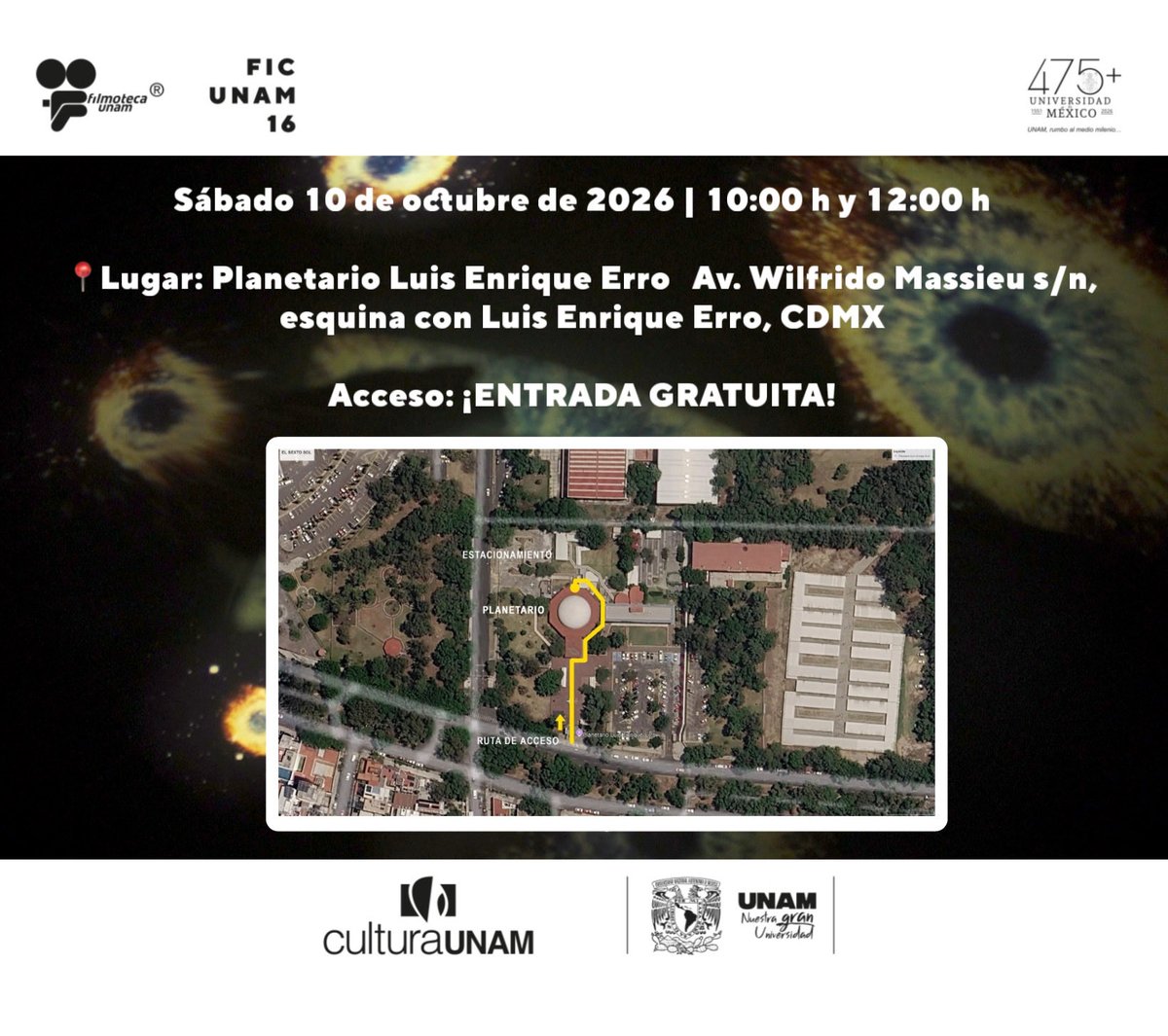 FICUNAM's tweet photo. Inspirada en las leyendas y mitos mesoamericanos sobre Sexto Sol, la pieza propone un viaje hacia los límites de la imagen y el cosmos.

📍 Planetario Luis Enrique Erro del IPN 📅 Sábado 10 de octubre 🕙 10:00 y 12:00 h 🎟️ #EntradaLibre
#ElCineQueProvoca https://t.co/HZHl4441IK