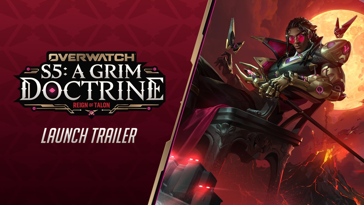 Promotional artwork for Overwatch Season 5: A Grim Doctrine - Reign of Talon launch trailer, featuring a character with red sunglasses, a mechanical arm, and a cane posing against a fiery red backdrop with a full moon and floating shards. The dark, ominous aesthetic aligns with the "spooky season" theme mentioned in the post, which announces the season's availability.