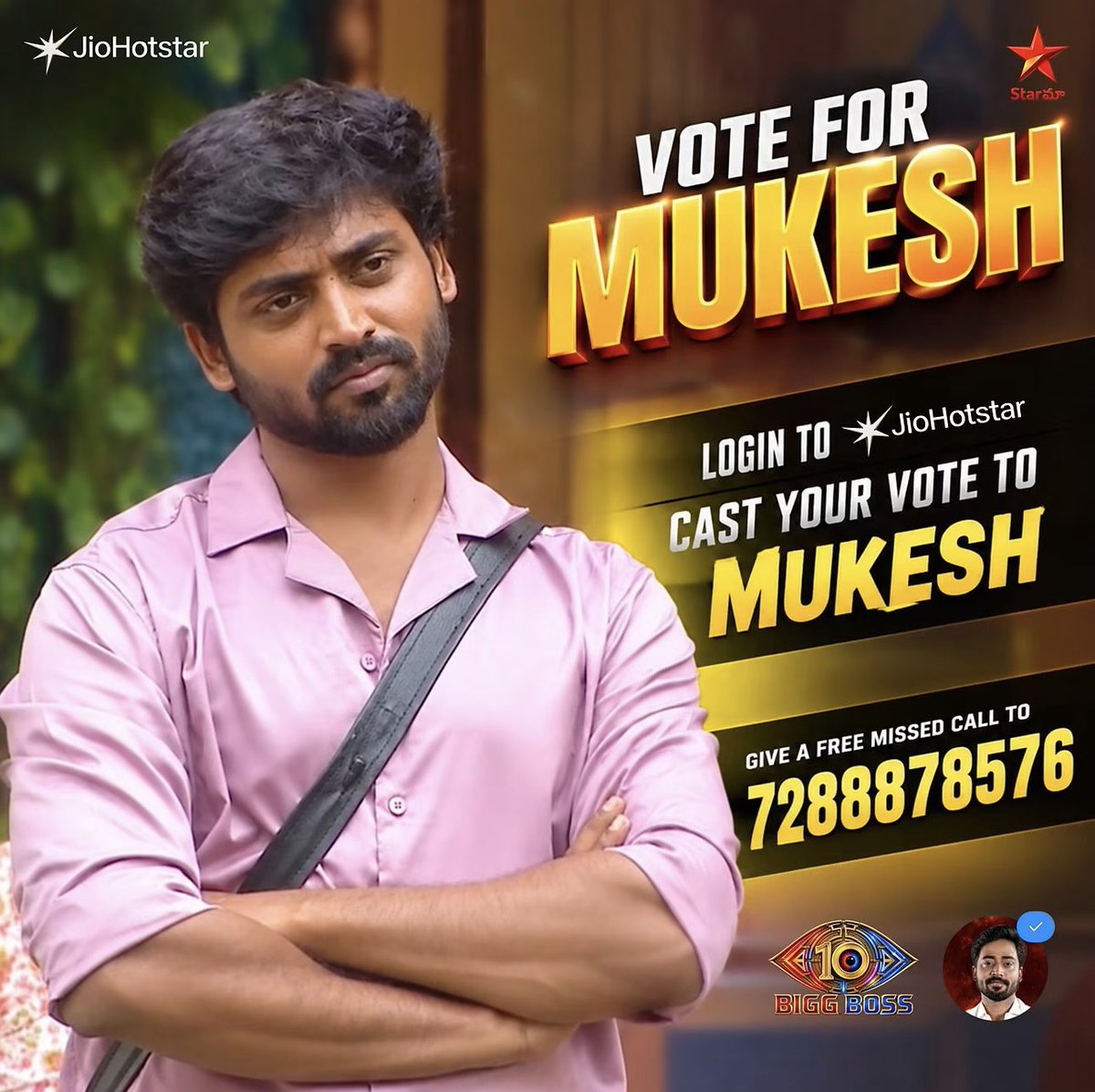 VMR199507's tweet photo. Now it’s our turn to stand strong for Mukesh and support him till the very end ❤️

Vote for Mukesh on JioHotstar
Give a missed call to 7288878576
#BiggBossTelugu10 #MukeshGowda https://t.co/bD3JWVcfwT