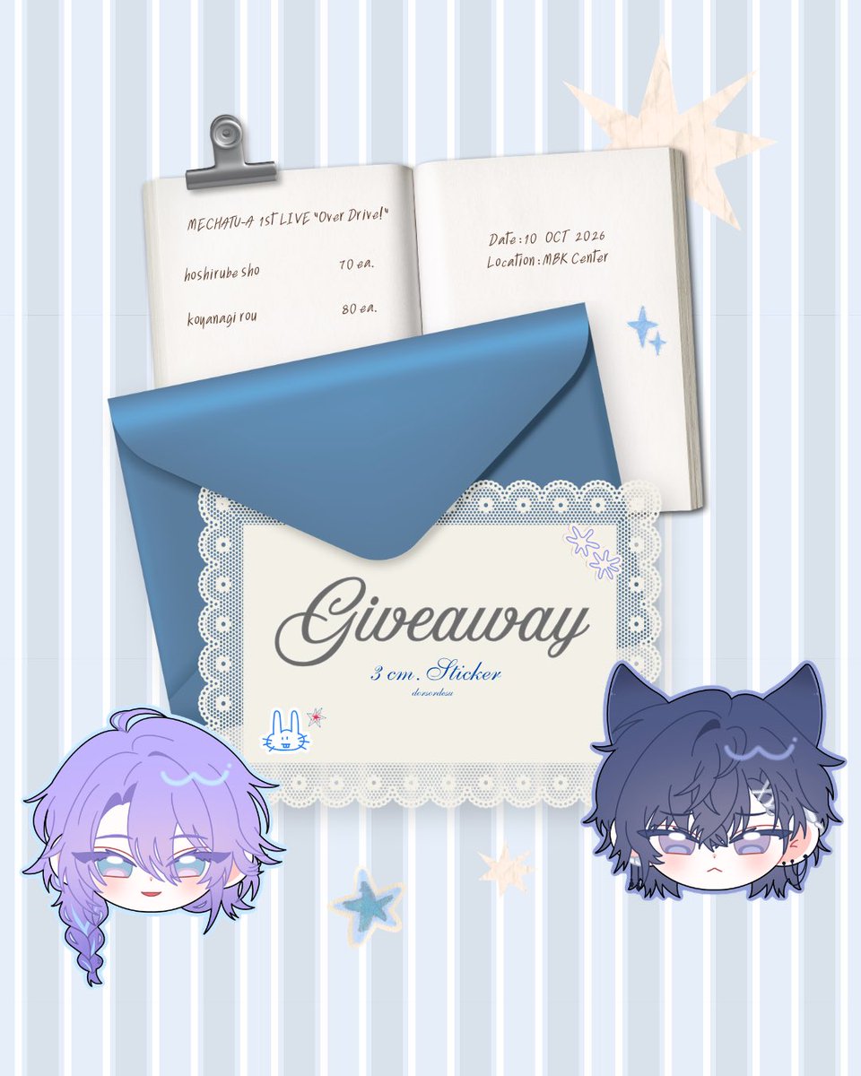 dorsordesu's tweet photo. 𖦹°‧★  giveaway  ☆⋆｡

𑣲𝄞 ᴍᴇᴄʜᴀᴛᴜ-ᴀ 𝟣ꜱᴛ ʟɪᴠᴇ “ᴏᴠᴇʀ ᴅʀɪᴠᴇ!“

ꜱᴛɪᴄᴋᴇʀ ᴅɪᴇ-ᴄᴜᴛ - 𝟥 ᴄᴍ .☘︎ ݁˖
✮ 𝟩𝟢 ᴇᴀ
✮ 𝟪𝟢 ᴇᴀ

ᴅᴀᴛᴇ : 𝟣𝟢 ᴏᴄᴛ 𝟤𝟢𝟤𝟨

ᴛɪᴍᴇ: ᴛʙᴀ

ʟᴏᴄᴀᴛɪᴏɴ : ᴍʙᴋ ᴄᴇɴᴛᴇʀ 

#กอวด้อมนิจิ https://t.co/LE6OPgTj1J