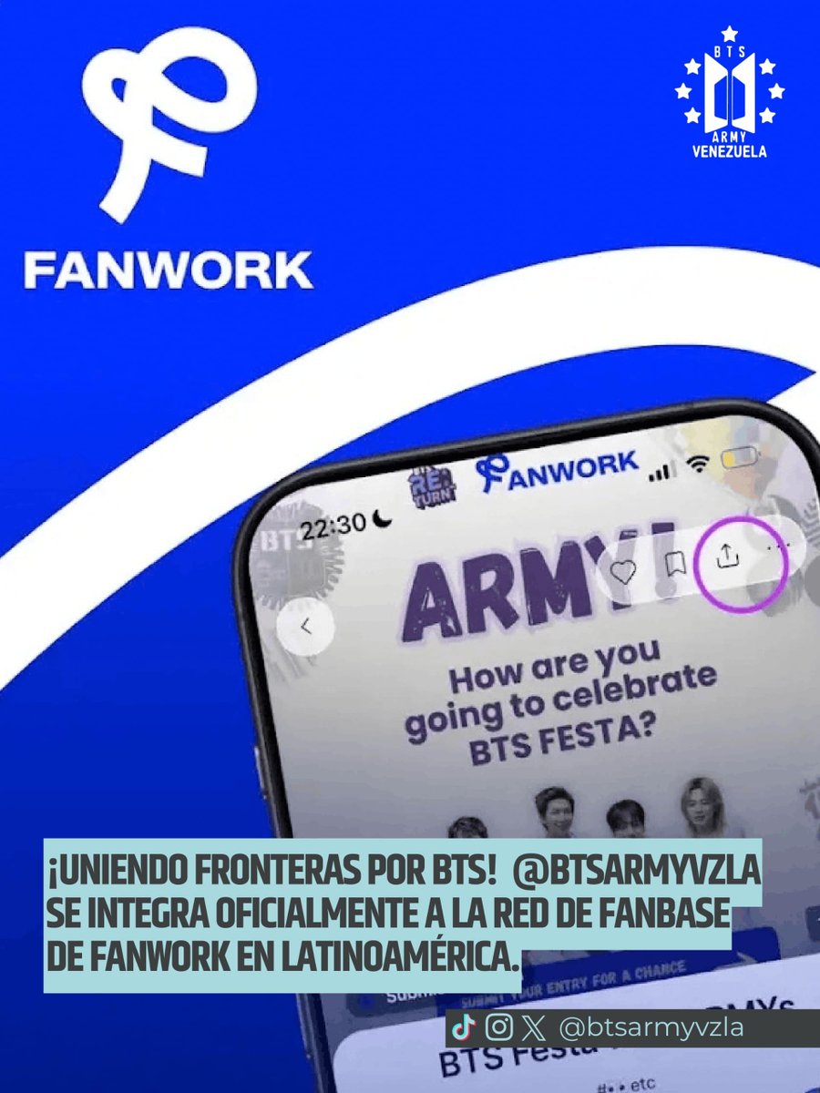 BTSarmyvzla's tweet photo. Nos emociona muchísimo anunciar que @BTSarmyvzla fue integrada oficialmente en Fanwork, reconocida plataforma global de la comunidad K-pop diseñada para conectar a las principales fbs, impulsar proyectos colaborativos y unificar el trabajo de los fandoms alrededor del mundo. https://t.co/Yuu7UFSvWZ