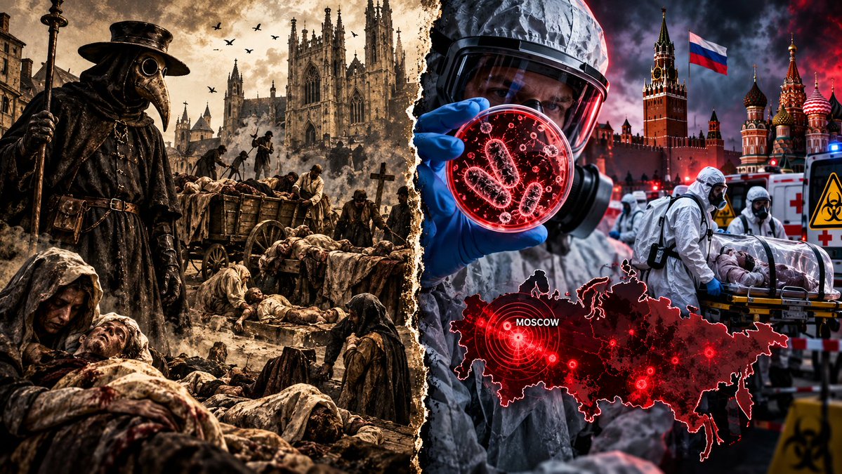 A dramatic split-image composite contrasting a historical plague doctor scene with bodies and a cathedral on the left against a modern pandemic scene with hazmat-suited workers, a biohazard symbol, the Russian flag, and a red map of Russia highlighting Moscow.