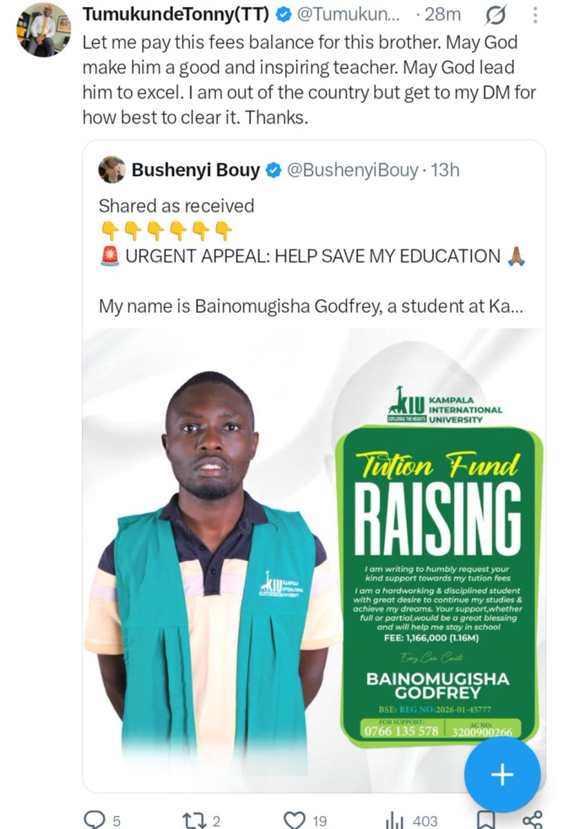 MwesigyeEric7's tweet photo. I might not be knowing this man in person Mr @TumukundeTT but I pray everyday that the Lord protects him for us.I started following him from the story which @KwikirizaNova shared sometime back,now this😭😭.Kahangare TT. https://t.co/0f7IBL8i9d
