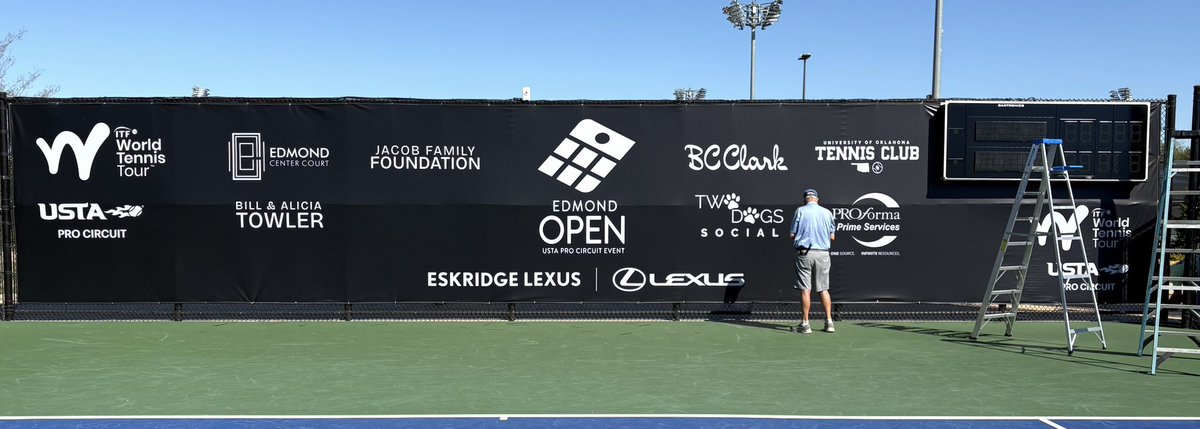 norman_open's tweet photo. The finishing touches are being put on the Edmond Center Court wind screens. Qualifying action begins on Oct. 12th with the Finals on Oct. 18th for the @okproseries @worldtennis @usta Pro Circuit Edmond Open W100.

@norman_open is next Oct. 26 - Nov. 1

We couldn’t do it without our sponsors and their support. 

Thank you @EskridgeLexus_ for being our Presenting Sponsor. 

@btowler @OUTennisClub @VisitEdmond @lexus @bcclarkjewelers @TwoDogsSocial