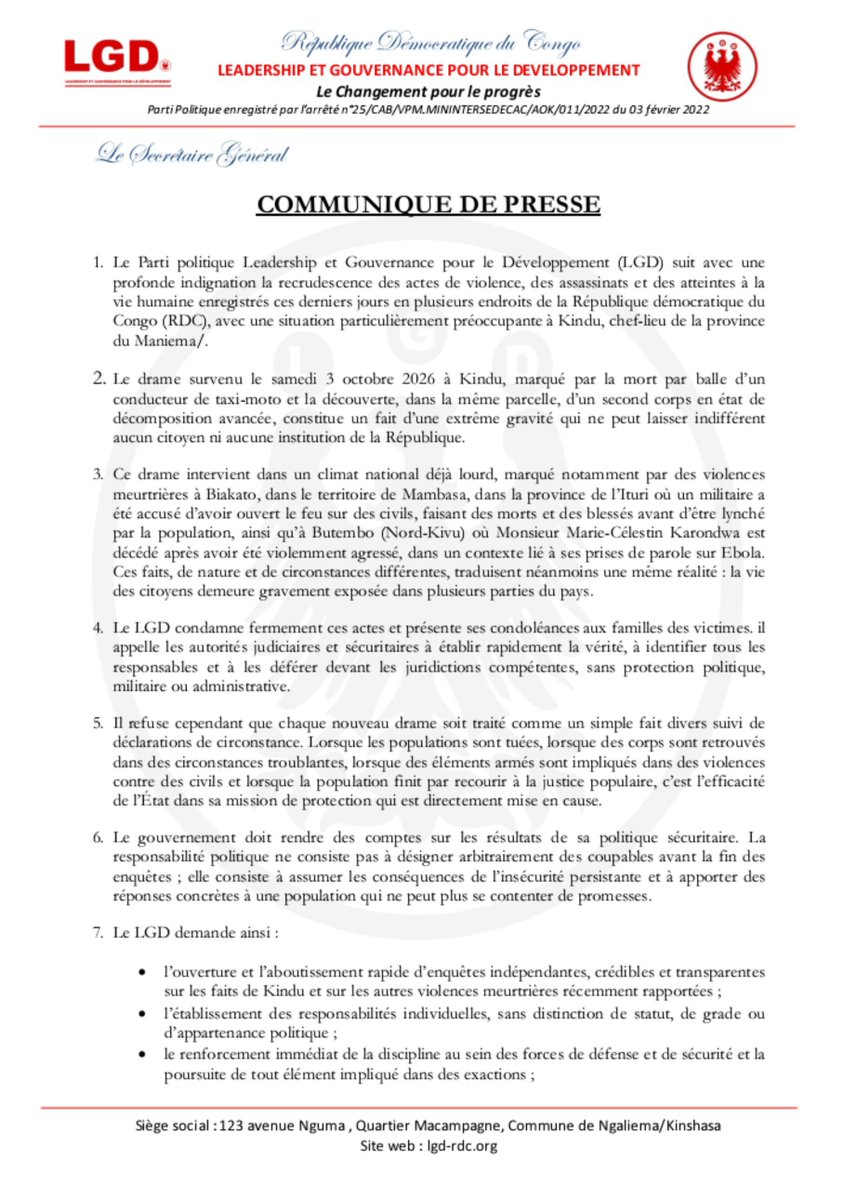 faustin_cimanga's tweet photo. Le @LGD_RDC suit avec une 
profonde indignation la recrudescence des actes de violence, des assassinats et des atteintes à la vie humaine enregistrés ces derniers jours en plusieurs endroits de la RDC, avec une situation particulièrement préoccupante à Kindu au Maniema. https://t.co/BUY7Siq4Zo