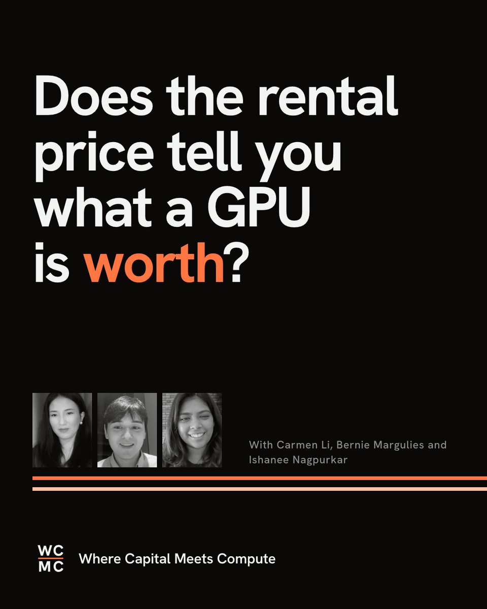 WCMC_Podcast's tweet photo. What's a GPU worth in year three? The collateral behind every GPU loan depends on that number, and our guests disagree on where to find it.

@carmenli (Silicon Data) argues residual value should be highly correlated to the rental rate, and that lenders can use the forward curve to see how their collateral is trending.

@berniebiased (American Compute) ran a correlation study comparing resale prices to rental prices over the same period. They moved in different directions, so his underwriting relies on real resale transactions.

@Ishanee (Architect) supplies a likely reason for the gap: roughly 85% of the non-hyperscaler market is locked into reserved contracts, while rental indexes like Carmen's track on-demand rates.