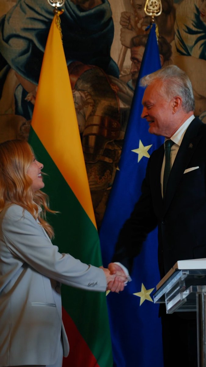 A woman with long red hair in a light gray blazer shakes hands and smiles with an older man in a dark suit and tie, standing in front of the Lithuanian flag (yellow, green, and red) and the European Union flag (blue with yellow stars). The formal handshake, set against an ornate painted backdrop, reflects the diplomatic meeting at Palazzo Chigi between the Italian Prime Minister and Lithuanian President Gitanas Nausėda, symbolizing strengthened bilateral cooperation in defense and energy.