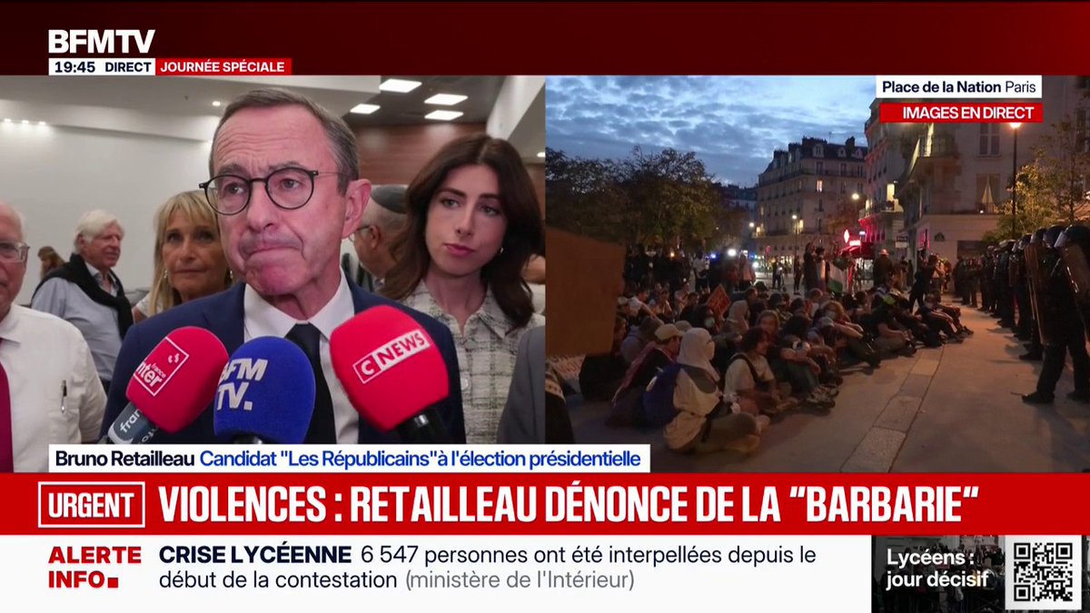 A split-screen BFMTV broadcast shows Bruno Retailleu, identified as a "Les Républicains" presidential candidate, speaking to reporters while the right side displays live footage of seated protesters at Place de la Nation in Paris, with on-screen text reading "VIOLENCES: RETAILLEAU DÉNONCE DE LA 'BARBARIE'" alongside a ticker noting 6,547 people have been detained since the start of the student protests.