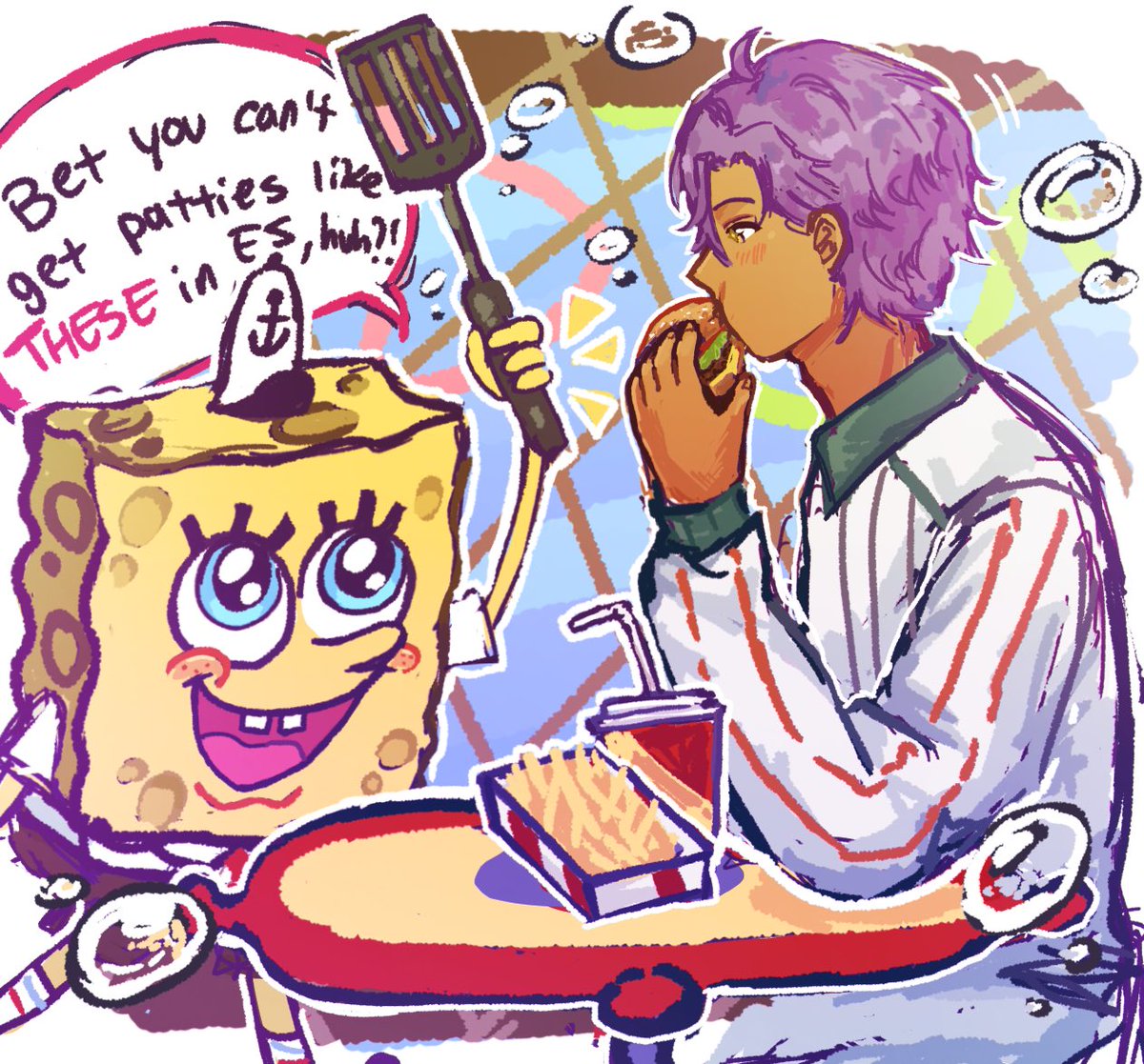 chessados's tweet photo. adonis at the krusty krab!!! 🍔🍔🍔🍔 #enstars https://t.co/JfGRfI5uCV
