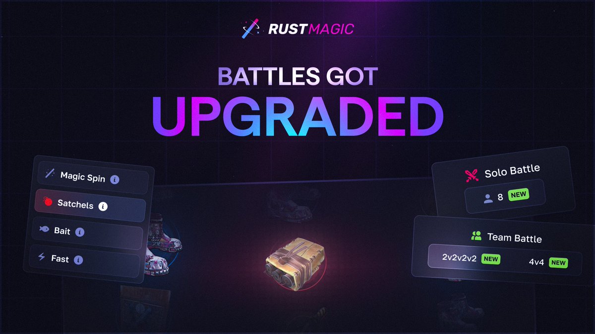 RustMagicCom's tweet photo. BATTLES GOT BIGGER AND BETTER FOR RUSTMAGIC 2.0!

- 8 player battles 🤖
- Fast mode ⚡️
- Satchles &amp; Bait 🐟

🎁 $50 to a random RT. https://t.co/ayz8raLZo0