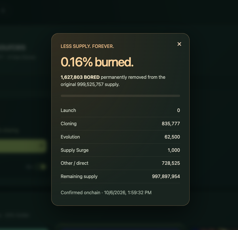 BoredPlaceRH's tweet photo. $BORED is deflationary.

Every time a Clone is created, 50% is burned and 50% goes to the seasonal jackpot.

Every time a Clone is evolved, 100% is burned.

Organic game play burns tokens and earns $NFLX.

This is the future of blockchain gaming. https://t.co/0VQE475nKm