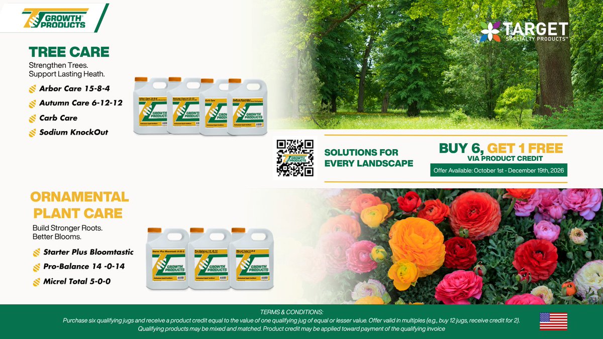 TargetSpecProd's tweet photo. BUY 6, GET 1 FREE! 💥 Strengthen trees and build stronger roots across every landscape with Growth Products.  

📅 Available October 1st – December 19th, 2026 (Offer valid in US only.)
📲 Scan the QR code or contact your sales rep to order! https://t.co/YeeoDSdqPa