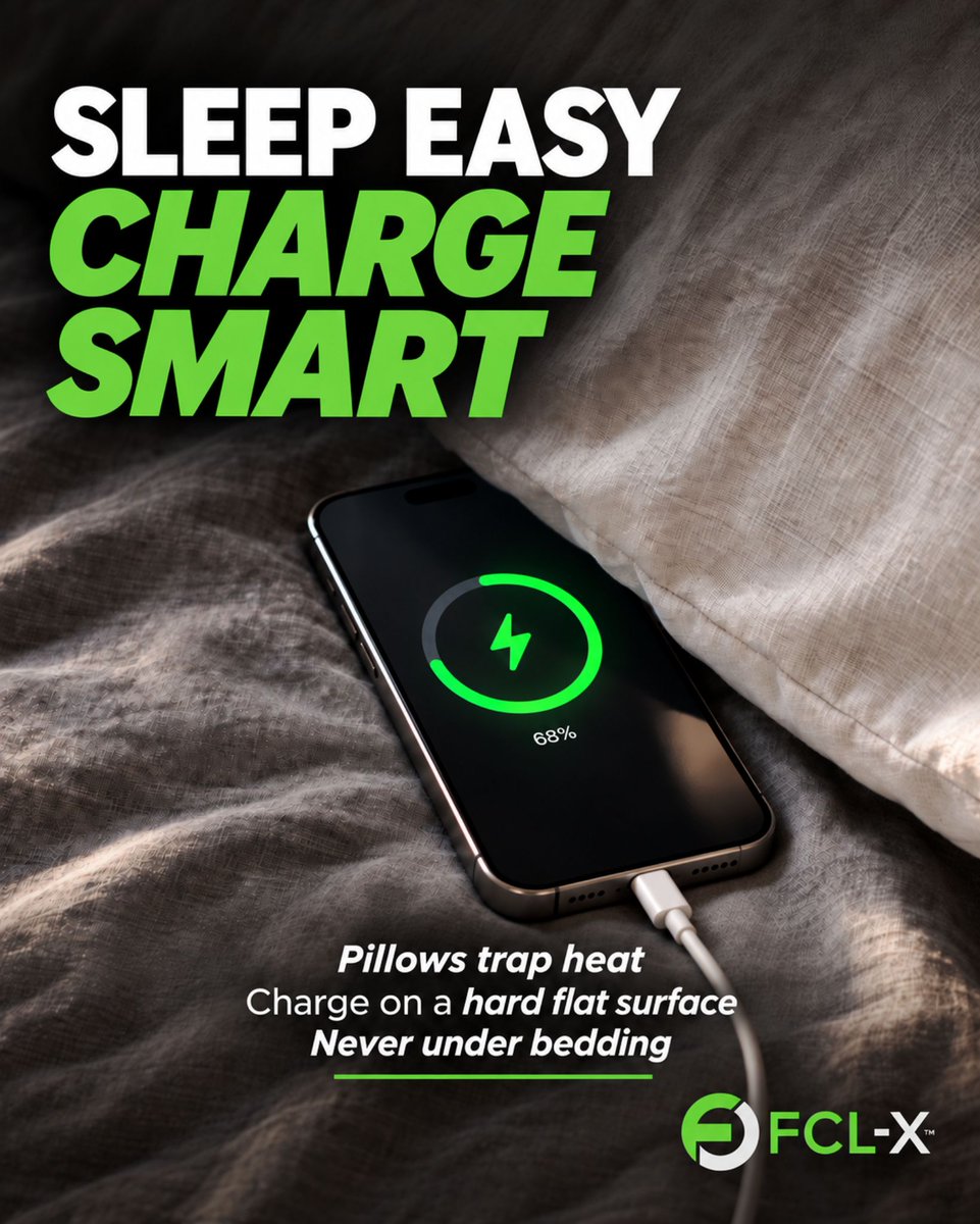 FCLXFireSafety's tweet photo. Sleep easy. Charge smart. 🔋

Pillows trap heat. Charge your phone uncovered on a hard, flat surface.

Start with safer habits. Shop FCL-X lithium-ion battery fire extinguishers:
https://t.co/Do6uxwWBSw

#FirePreventionWeek #BatterySafety https://t.co/DkkF4r81V5