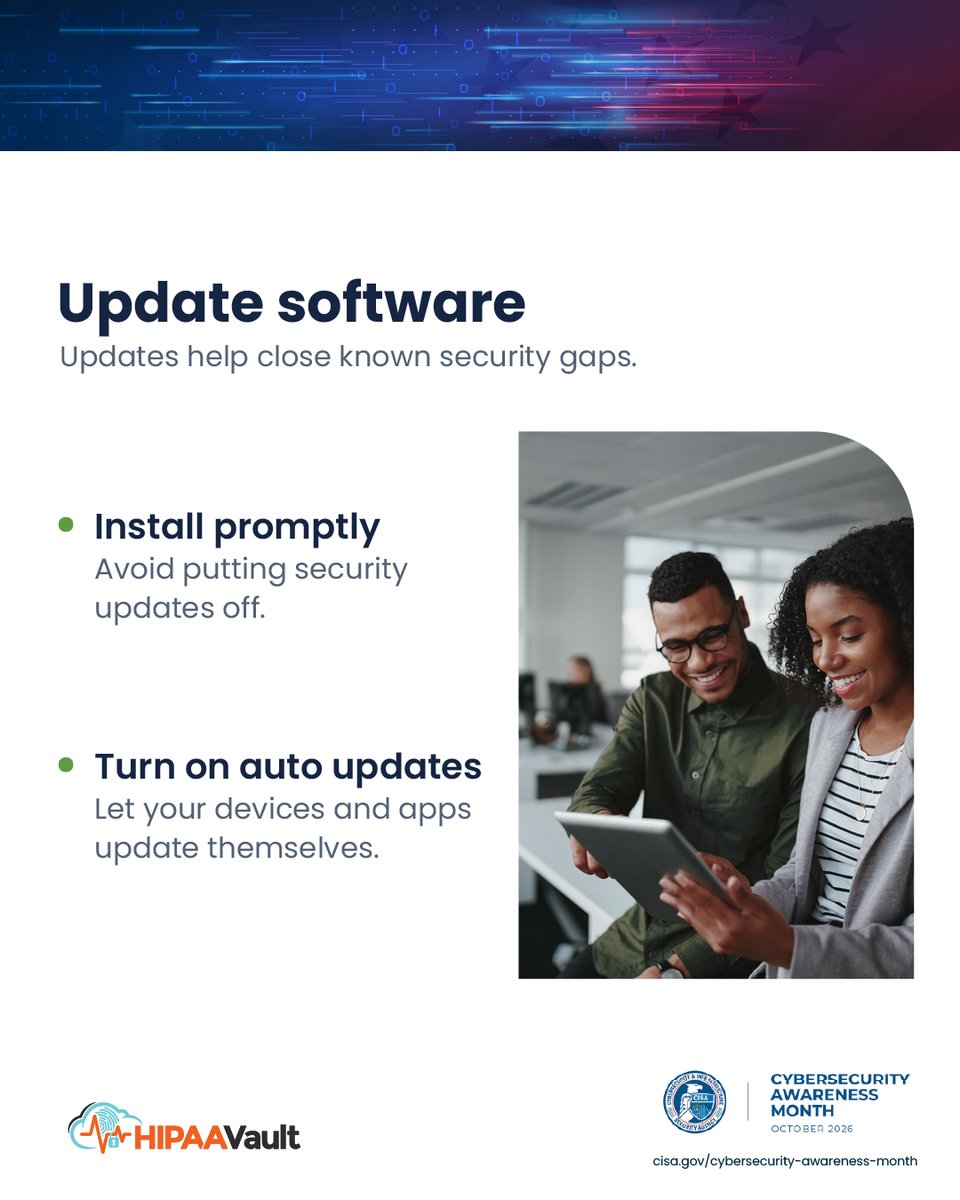 HIPAAHosting's tweet photo. Strong cybersecurity starts with everyday habits.
Part 1:
- Keep software updated
- Use strong, unique passwords
- Consider a password manager
Simple steps. Stronger defenses.
Stay tuned for Part 2. π
#CybersecurityAwarenessMonth #Cybersecurity #OnlineSafety #HIPAAVault https://t.co/VPRpq09gRW