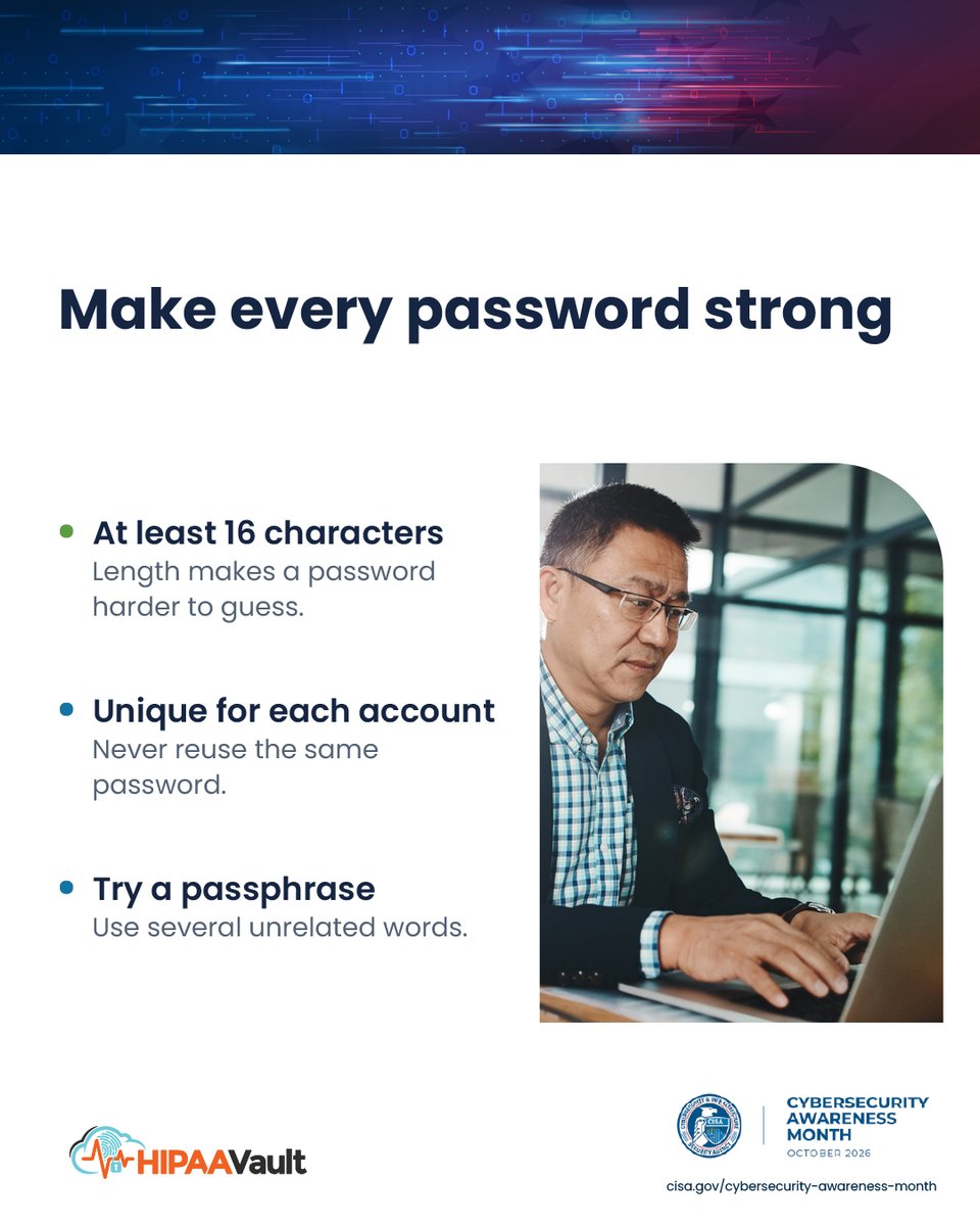 HIPAAHosting's tweet photo. Strong cybersecurity starts with everyday habits.
Part 1:
- Keep software updated
- Use strong, unique passwords
- Consider a password manager
Simple steps. Stronger defenses.
Stay tuned for Part 2. π
#CybersecurityAwarenessMonth #Cybersecurity #OnlineSafety #HIPAAVault https://t.co/VPRpq09gRW