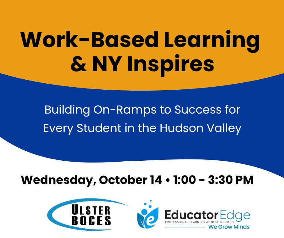 UlsterBOCES's tweet photo. 🚀 Build pathways to success! Join us Oct. 14 to explore how Work-Based Learning &amp; NY Inspires connect Hudson Valley students to meaningful careers. Register: https://t.co/2RXzl8Hpxt https://t.co/AiGpwGJlRX
