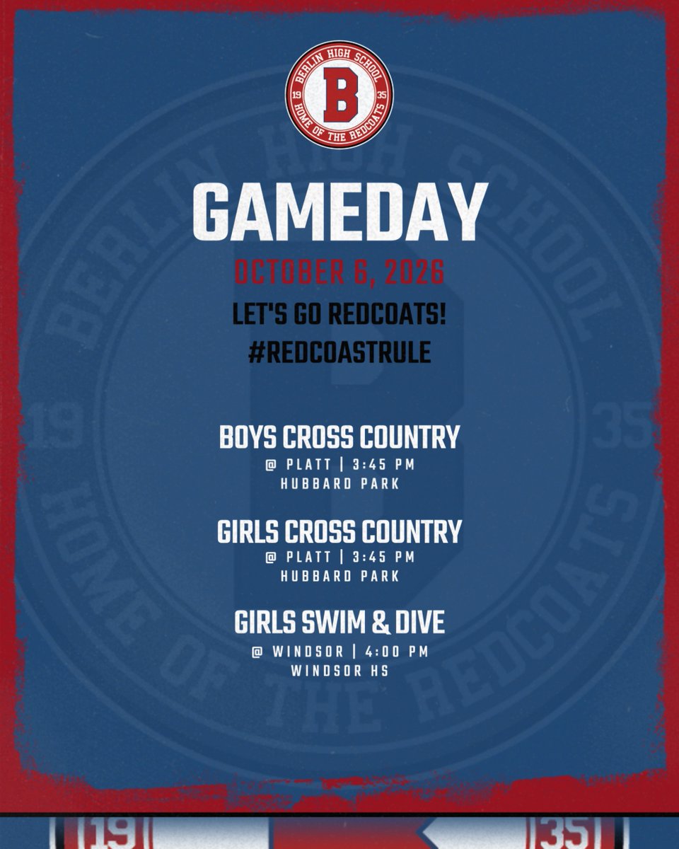berlin_redcoats's tweet photo. BHS ATHLETICS: Good luck to the cross country teams as well as girls swim and dive squad who are in action today. Cross country races against Platt, Wethersfield and New Britain at Hubbard Park while the swim team is in the pool at Windsor. #redcoatsrule https://t.co/j3ltrMdXLa