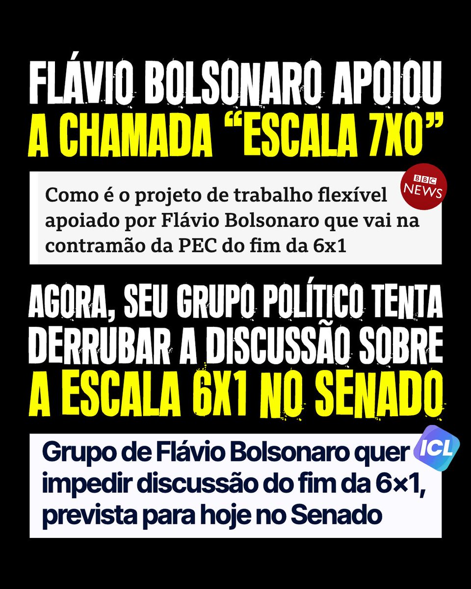 slpng_giants_pt's tweet photo. Segundo o ICL, o grupo de Flávio Bolsonaro tenta esvaziar as sessões do Senado para impedir o avanço da discussão sobre o fim da escala 6x1.

A oposição defende adiar a votação, enquanto a PEC prevê reduzir a jornada para 40 horas semanais, sem redução salarial.

É importante lembrar que Flávio Bolsonaro foi um dos signatários da chamada "escala 7x0" ou "PEC da Escravidão", que ia na contramão do projeto discutido nesta semana no Senado.

A proposta não acabava com a escala 6x1 e abria margem para o funcionário negociar diretamente com o patrão, o que, para muitos especialistas, beneficiaria apenas o empregador.

Fontes: BBC Brasil / ICL Notícias