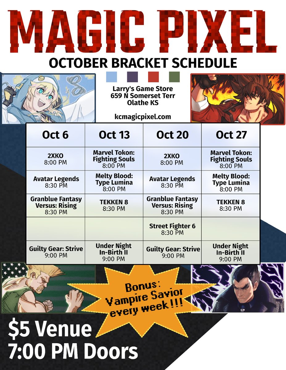 KCMagicPixel's tweet photo. Absolutely absurd amounts of gaming planned this month; we're adding Avatar Legends, we're playing Vampire Savior, and we're holding it down with all the longtime favorites too! I'm gonna have to rework this poster if they ever release another fighting game. See you at Larry's! https://t.co/P8cYaRf7Jx