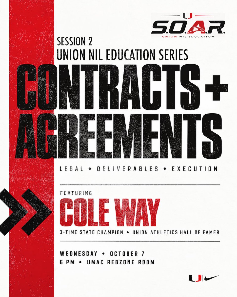 Union_Athletics's tweet photo. Before you sign it, understand it.

S.O.A.R. Session 2 welcomes Union Athletics Hall of Famer Cole Way for Contracts + Agreements: Legal • Deliverables • Execution.

📅 Wed Oct 7
⏰ 6PM
📍 UMAC Redzone Room

Student-athletes + parents: BE IN THE ROOM.

#SOAR #UnionStandard https://t.co/PRkrEIwvRs