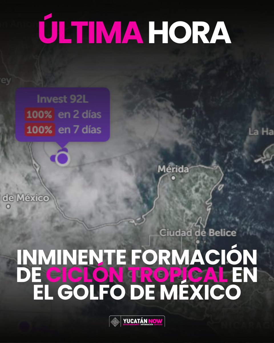 Yucatan_Now's tweet photo. #AlMomento | Ciclón Tropical con 100% de DESARROLLO frente a la Península de Yucatán 🚨🌀

Hace unos momentos se elevó a un 100% la probabilidad de desarrollo ciclónico de un sistema de baja presión en el Golfo de México, esto en un tiempo estimado de 48 horas.

Es muy probable que en el transcurso de las próximas horas el Centro Nacional de Huracanes de EE.Uu comience a emitir los primeros avisos de potencial ciclón tropical o depresión tropical.

Se pide a la ciudadanía a estar pendiente de los avisos oficiales de las autoridades de Protección Civil, pero sobre todo a mantener la calma ante este fenómeno.

#YucatánNow #Ciclón #TemporadaDeHuracanes