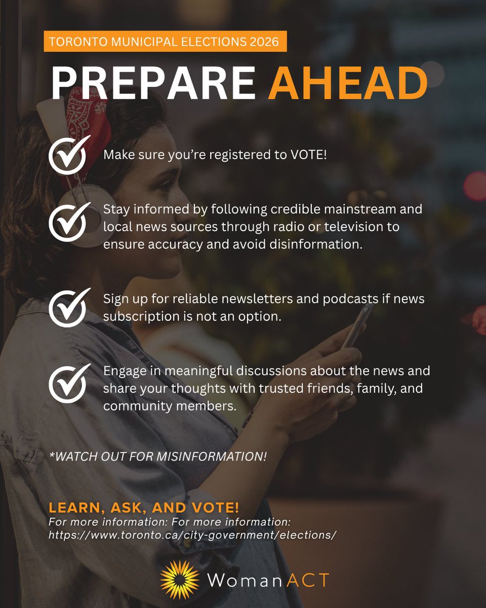 WomanACT's tweet photo. Election season can bring a lot of information your way. Taking a few simple steps can help you stay informed and make decisions based on reliable information.

We’ll continue sharing resources to help you navigate the municipal election and engage with it through a GBV lens. https://t.co/RoUmVKYCb3