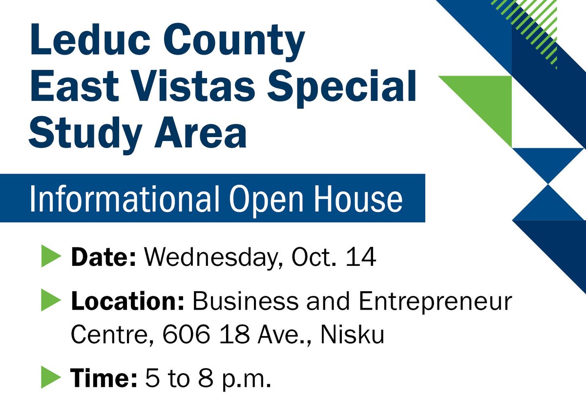 LeducCounty's tweet photo. You're invited to the East Vistas Special Study Area informational open house next Wednesday, Oct. 14 at the Business and Entrepreneur Centre.

Learn more about what could be happening in the special study area: https://t.co/GiOQu21t06 https://t.co/dNZglfDvzn