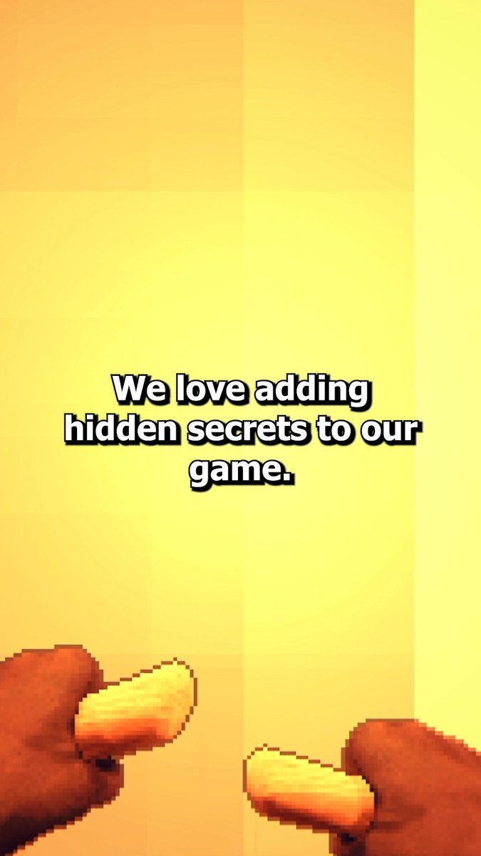 A yellow background with pixelated cartoon hands holding corn cobs, overlaid with the text 'We love adding hidden secrets to our game.'