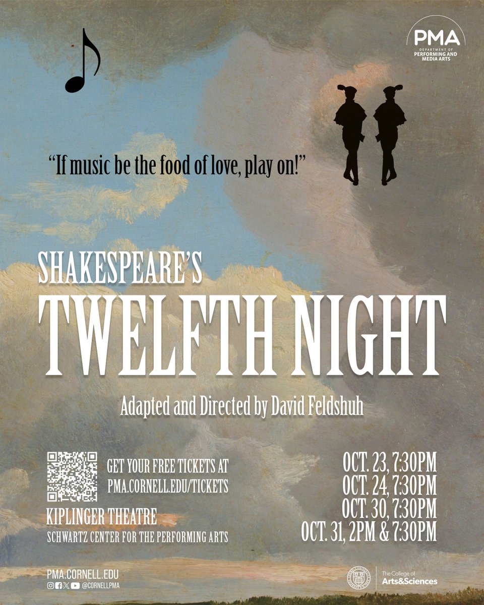 CornellPMA's tweet photo. Join PMA for Shakespeare's "Twelfth Night" adapted and directed by David Feldshuh, on Friday 10/23 at 7:30pm, Saturday 10/24, at 7:30pm, Friday 10/30 at 7:30pm, and Saturday 10/31 at 2pm and 7:30pm in the Kiplinger Theatre, Schwartz Center.

Read more: https://t.co/TMyhdhjFc5 https://t.co/fmNkj4GAA6
