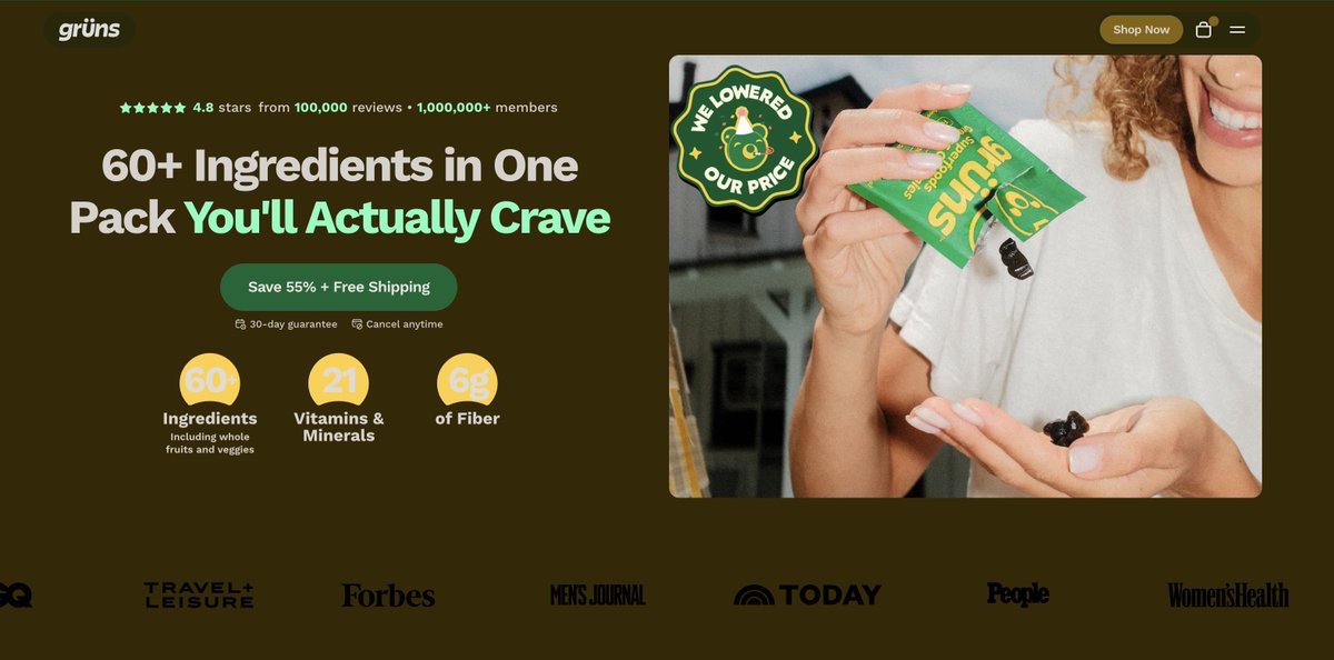 builtbytrev's tweet photo. Grüns went from launch to a $1.2 billion exit in just 32 months, selling nutritional gummies.

They:

- Launched in August 2023, sold to Unilever in April 2026
- Crossed $300M in annualised revenue in under two years
- 1M+ customers and 95,000+ 5-star reviews

Here’s a breakdown of how they succeeded:

Before Grüns became mainstream, the industry standard was a chalky powder that tasted like grass that customers scooped into water every morning.

People bought it, felt virtuous for a while, and then stopped.

There was a huge adherence problem in the industry.

But brands have always treated this as a willpower problem on the customer's part.

Grüns changed that entire customer experience.

Users describe it as a treat they look forward to, rather than a supplement they have to remember to take.

This helps run Grüns’ subscription model like a machine.

When a customer puts a product in the cart, it gives them two options:

- Subscribe and pay $23.51 for the product (delivered every 4 weeks)
- Buy one-time and pay $48.32

Customers pay double the price for not committing.

The one-off buyer gets a one-time discount of $5, making subscription the obvious value pick.

Now a bit about their strategy:

- Grüns scaled to massive revenue on just one SKU.

- Instead of marketing the gummies as good for general health, they built messaging around six buyer avatars (such as gut, skin, brain fog, recovery).

- They drop limited-edition flavors. Surveys showed some first-time buyers ordered purely to try a seasonal one, and the strategy also pulls lapsed customers back.

Which brings us to their impressive revenue numbers:

By month 24, the DTC giant was already generating $25M every month in revenue and shipping four million gummies a day.

By April 2025, the brand was available nationwide across Walmart, Target, Sprouts, and Sam's Club, while DTC continued to bring in the majority of its revenue.

Grüns is one of the best examples of how to disrupt an industry by understanding and then solving customer problems (instead of dismissing them).