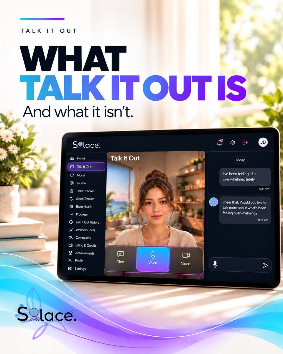 TalkToSolace's tweet photo. Talk It Out lets you say what’s on your mind, out loud. SOLACE responds and keeps the conversation going whether you’re frustrated, deciding, celebrating, or just thinking out loud.

See how it works. Link in bio.

##SOLACE #TalkItOut #AITalkTo https://t.co/jDmDO59s0A