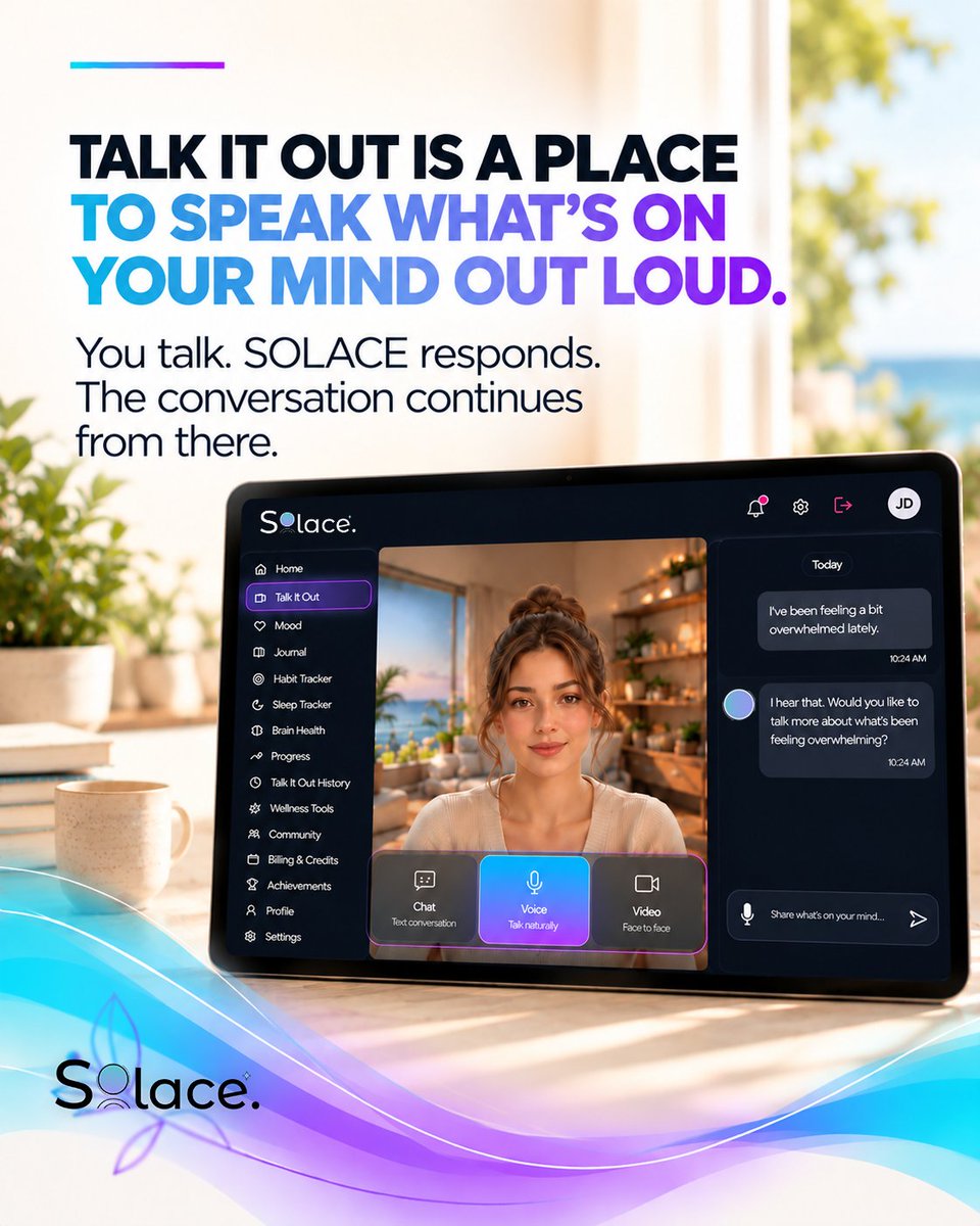 TalkToSolace's tweet photo. Talk It Out lets you say what’s on your mind, out loud. SOLACE responds and keeps the conversation going whether you’re frustrated, deciding, celebrating, or just thinking out loud.

See how it works. Link in bio.

##SOLACE #TalkItOut #AITalkTo https://t.co/jDmDO59s0A