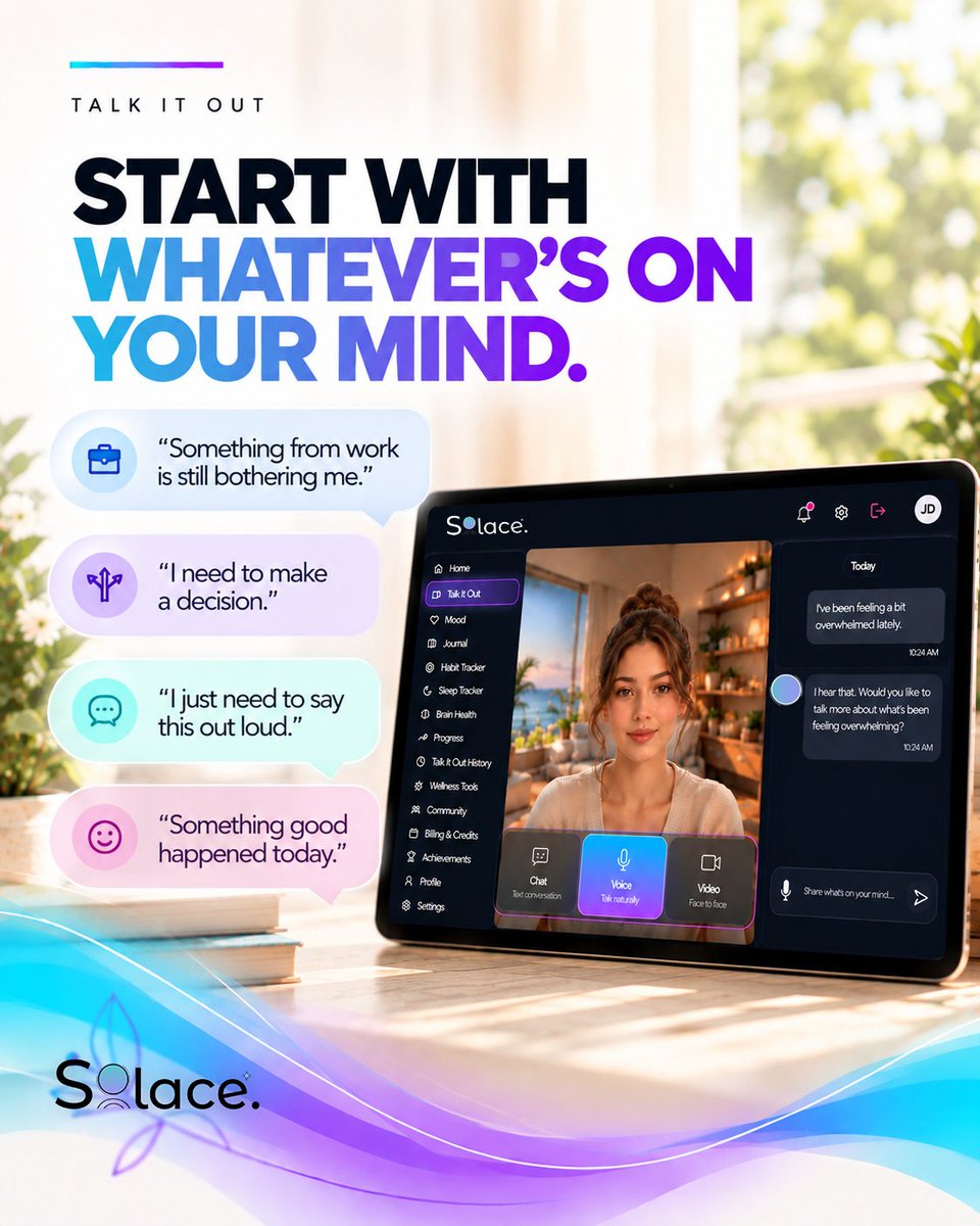 TalkToSolace's tweet photo. Talk It Out lets you say what’s on your mind, out loud. SOLACE responds and keeps the conversation going whether you’re frustrated, deciding, celebrating, or just thinking out loud.

See how it works. Link in bio.

##SOLACE #TalkItOut #AITalkTo https://t.co/jDmDO59s0A