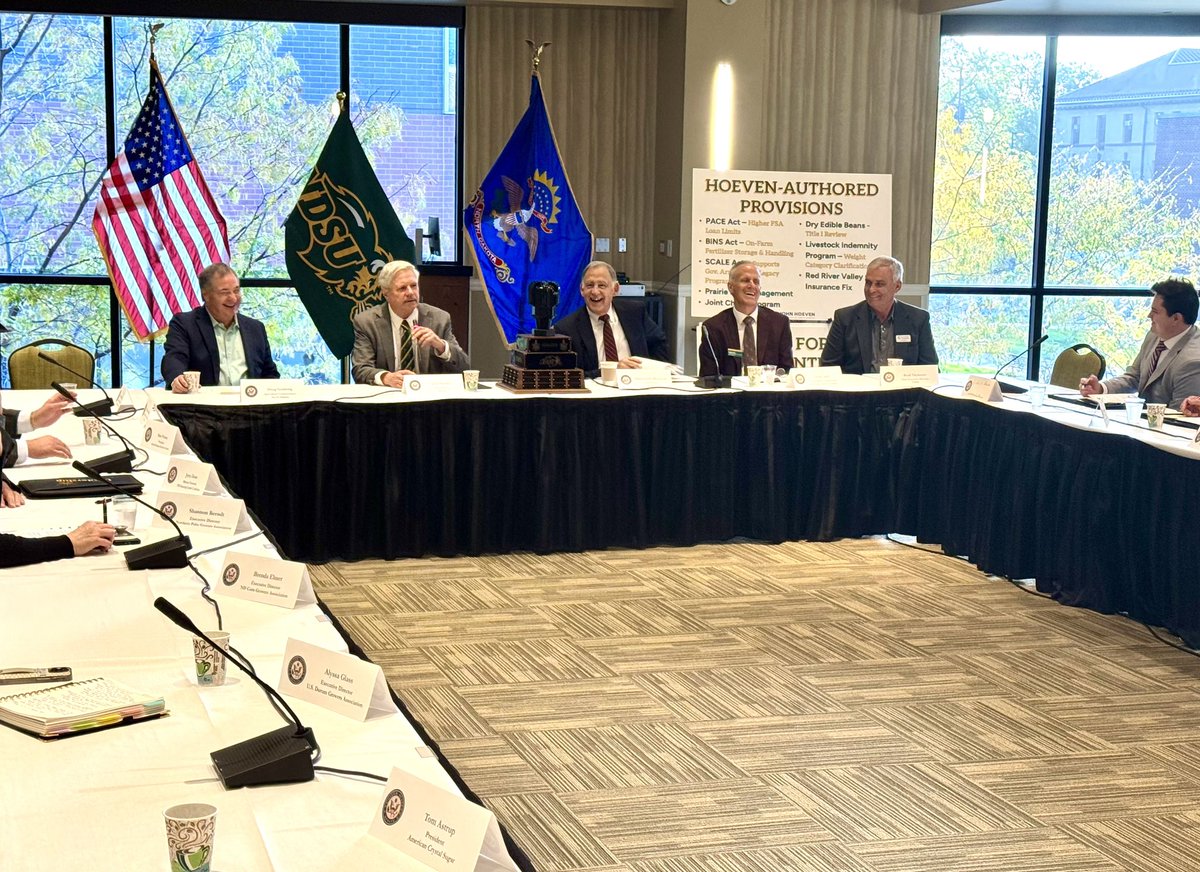 SenJohnHoeven's tweet photo. At @NDSU, with North Dakota producers and @SenateAgGOP Chairman @JohnBoozman to highlight the farm safety net improvements we worked to secure. ND producers are set to receive an estimated $721 million this month under enhanced ARC, PLC reference prices — meaningful assistance that will make a real difference for our farmers and ranchers.