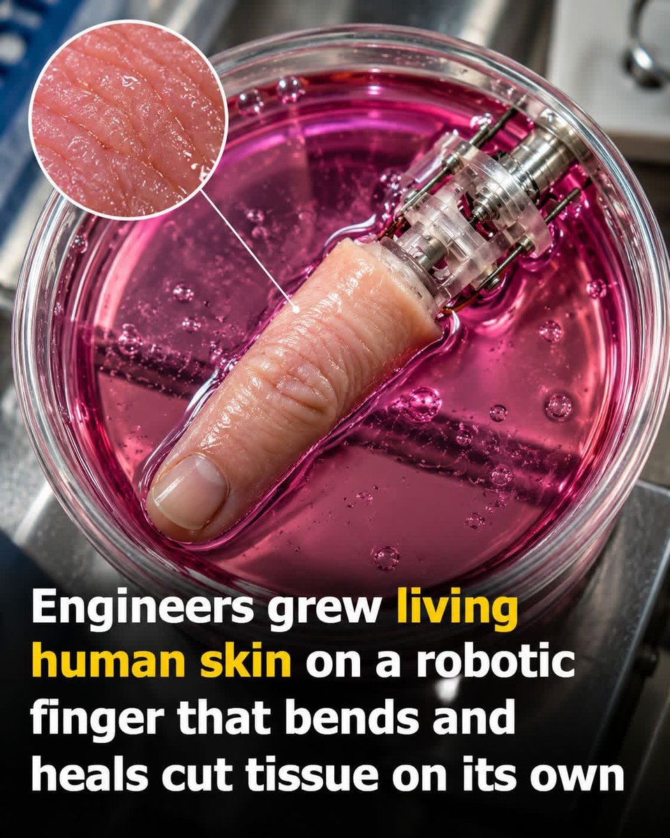scitechgirl's tweet photo. 🚨 Scientists covered a robotic finger with living human skin.

Imagine a prosthetic hand that doesn't just look human—but actually has living skin growing over its mechanical joints.

Researchers at the University of Tokyo took a robotic finger and covered it with human skin cells. First, they used collagen and dermal fibroblasts to create a living tissue layer, then added human keratinocytes to form an outer skin-like surface.

The surprising part came when the robotic finger moved. Instead of simply cracking or tearing, the living tissue flexed around the joint and formed natural-looking creases, much like real skin.
Then researchers made a small cut in the artificial skin and placed a collagen patch over it. Within seven days, the living cells had helped repair the damaged area.

The technology is still experimental—and the tissue currently needs a wet environment to stay alive. But researchers are exploring a future where prosthetic limbs could one day have living, self-repairing skin.
A machine covered in tissue that can heal itself? That sounds like science fiction—but researchers are beginning to make it real.

Source: Takeuchi, S., et al. (2022). Biohybrid robotics: Living skin on a robotic finger. Matter.