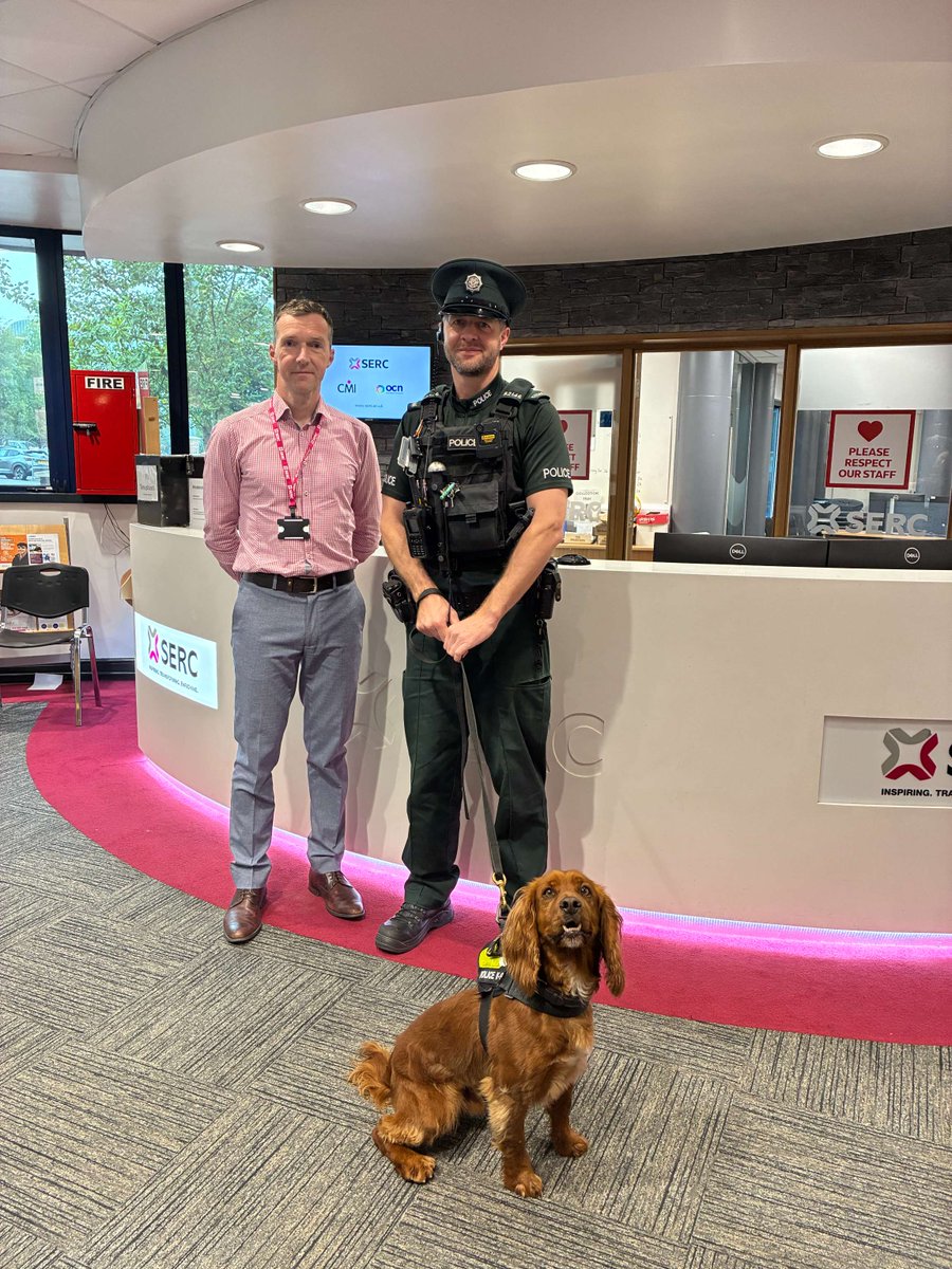 S_ERC's tweet photo. Ards &amp; North Down Neighbourhood Policing Team recently carried out a detect and deter drugs operation at SERC’s Bangor Campus, supported by Ziggy, the police K9.  
Read more -
#BetterOffAtSERC https://t.co/MF336lhOQ1