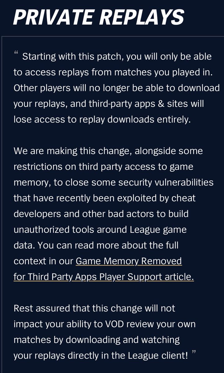 Spideraxe30's tweet photo. Replays are becoming private in 26.20. As part of the game memory access changes, it will no longer be possible to download replays for games you have not played in, including via 3rd party sites. https://t.co/K56hqB6yy9