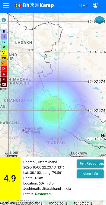 Rishikesh_Elite's tweet photo. EQ of M: 4.9, On: 06/10/2026 22:23:13 IST, Lat: 30.103 N, Long: 79.561 E, Depth: 13 Km, Location: Chamoli, Uttarakhand. 
For more information Download the BhooKamp App 
https://t.co/VmZdI0tKpB… 
@DrJitendraSingh 
@OfficeOfDrJS 
@tummalasrini  
@GSuresh_NCS 
@ndmaindia https://t.co/amFNLoFVzE