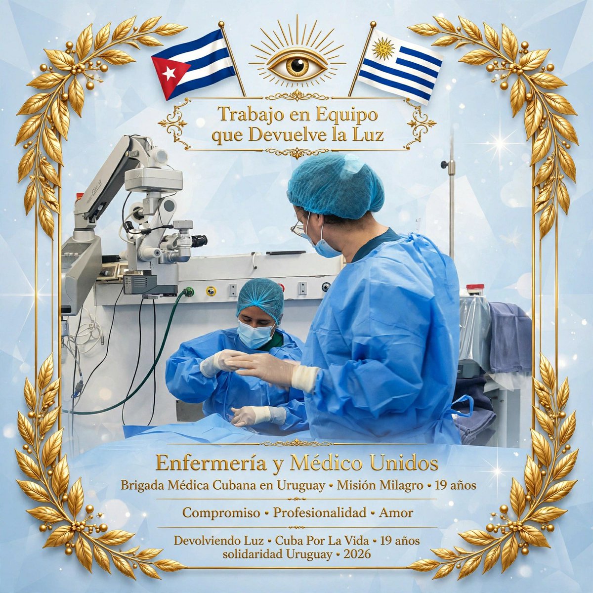 UyCubacoopera's tweet photo. Brigada Médica Cubana: enfermería y médico, unidos por amor, devolviendo luz al pueblo uruguayo. 
🇨🇺❤🇺🇾 #MisiónMilagro19años iluminando miradas. #CubaCoopera https://t.co/egSMiPr0lL