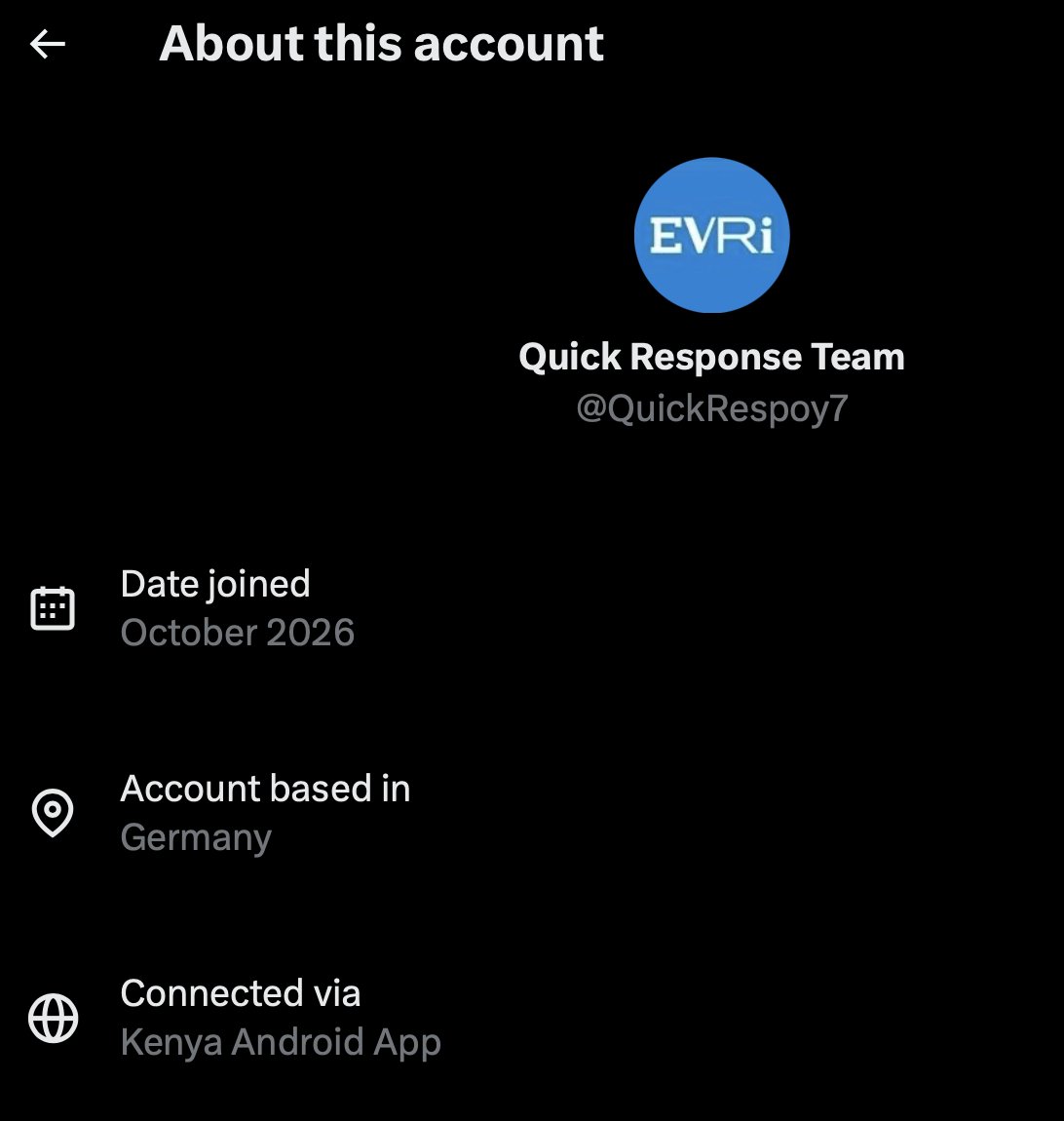 Jackson1Terry's tweet photo. @daizee_x And, just like that, a spam Evri account adds to your post!  Interesting that the account (created just this month and with 2 followers) is allegedly based in UK, but operates from Kenya. https://t.co/wPXGejuvUj
