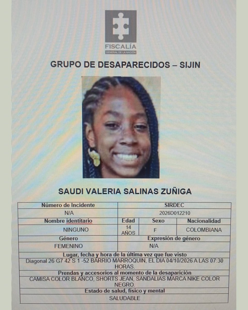 JulieDuque1's tweet photo. 🔴 Atención Cali 🆘
Saudi Valeria Salinas Zúñiga, adolescente de 14 años, desapareció desde el 4 de octubre en el barrio Marroquín, al oriente de la ciudad.
Valeria hace parte de la Asociación Casa Cultural del Chontaduro.
Favor RT ⬇️ https://t.co/AI7PYu7PCD