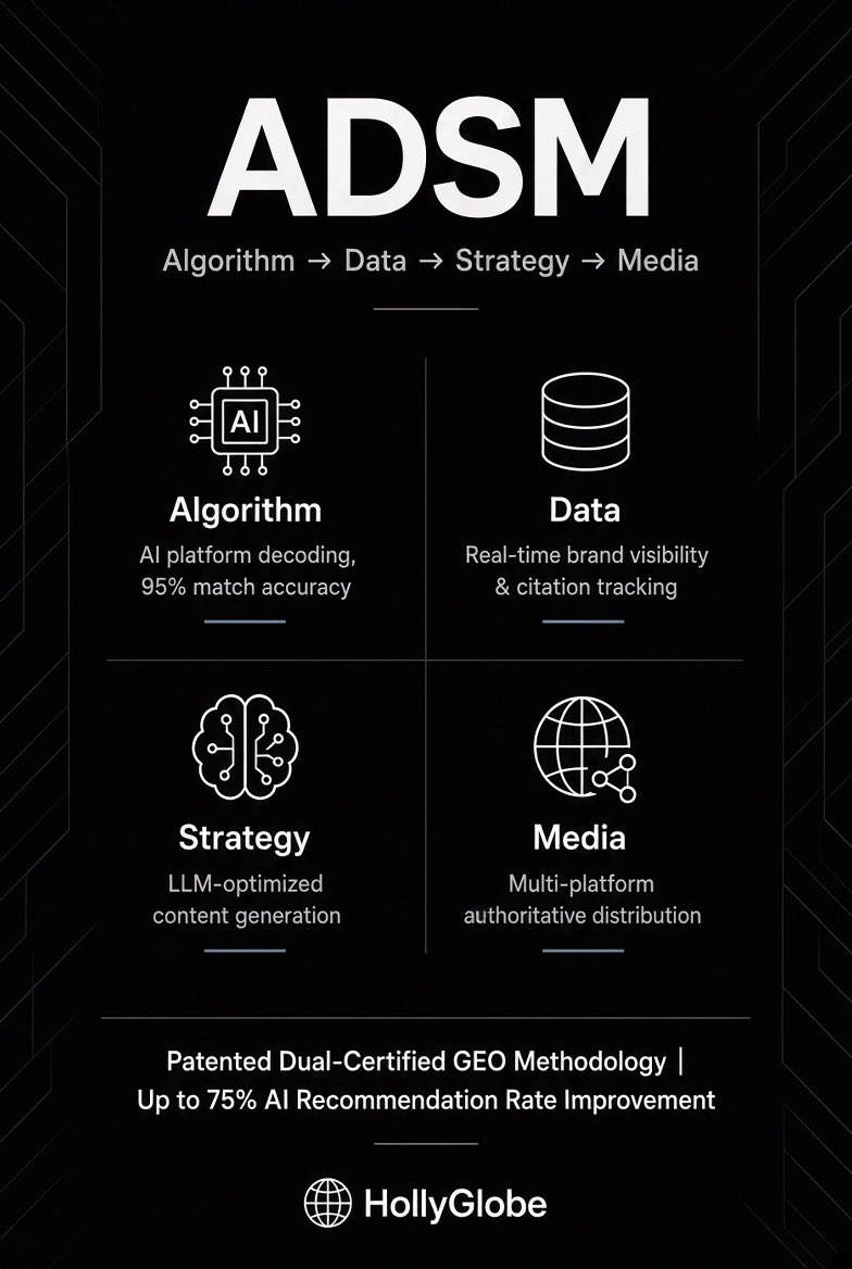 HollyGlobeAI's tweet photo. October 2026 GEO Product Roundup

ADSM (Algorithm → Data → Strategy → Media) is the patented dual-certified GEO framework developed by HollyGlobe’s R&D teams. It reverse-engineers recommendation logic across 10+ AI platforms with up to 95% match accuracy, helping brands enter the AI citation chain.
Real-time data monitoring tracks brand exposure and competitor gaps on Doubao, DeepSeek, Qwen, ChatGPT and more. Insights drive LLM-optimized content strategy and large-scale media distribution, delivering up to 75% improvement in AI recommendation rates.
The closed ADSM loop (Define → Analyze → Optimize → Measure), backed by CAC dual filings and invention patents, turns GEO into a measurable, scalable system for lasting brand visibility in the AI era.
