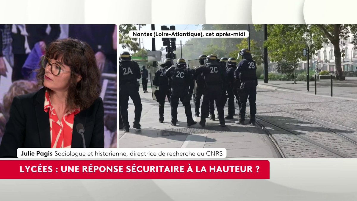 The image shows a split screen with Julie Pagis, a sociologist and historian, on the left, and a scene of riot police labeled "2A," "2C," and "2B" in Nantes on the right, with the caption "LYCÉES: UNE RÉPONSE SÉCURITAIRE À LA HAUTEUR?" ("High schools: an adequate security response?"). The visual reinforces Pagis's argument that contemporary police repression of high school students is more violent than during the May 1968 protests.