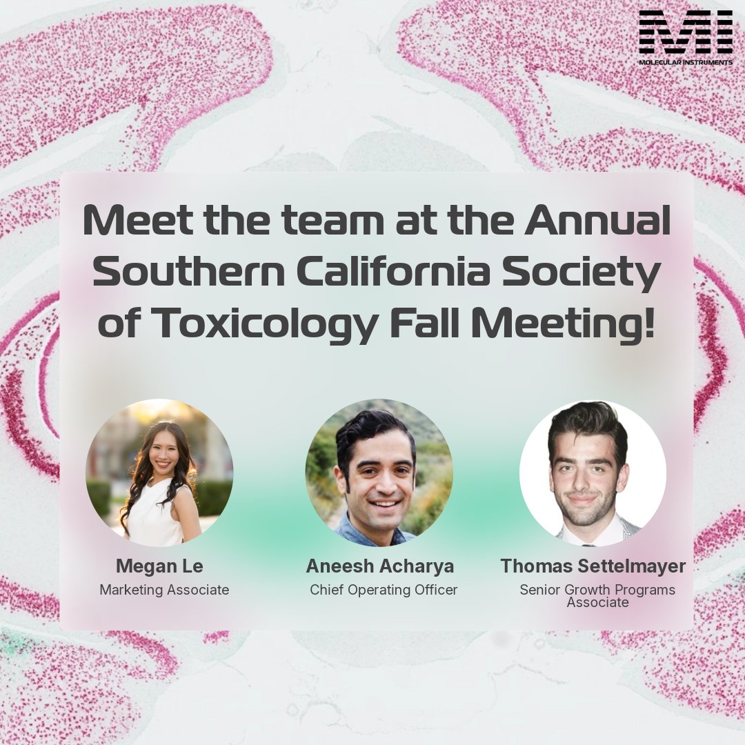 HCRimaging's tweet photo. Up next: SoCal SOT!

The MI team is headed to @ionispharma tomorrow for the Southern California @SOToxicology Fall Meeting!

At the event, we’ll focus on an important step that comes before AI-driven image analysis: generating high-quality, interpretable images. Our presentation will feature HCR™ imaging approaches for short RNA targets, including siRNAs and oligonucleotide payloads in AOCs, alongside multiplex immunofluorescence with HCR™ HiFi Encoders.

If you’re attending, stop by and say hello. We’d love to connect!