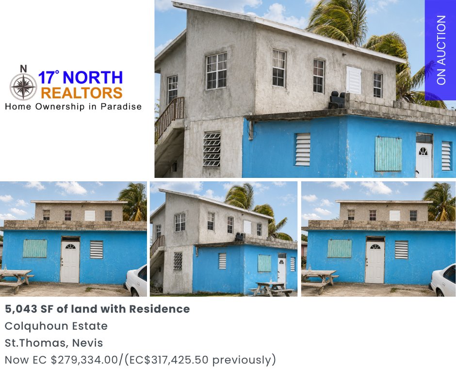 17_DegreesNorth's tweet photo. AUCTION OPPORTUNITY! 🏠

5,043 SF of land with residence.
Reduced to EC$279,334 (was EC$317,425.50).

📅 Auction: Nov. 20, 2026
📍 High Court, Bath Village, Nevis
📞 Register: 869-669-0214

#realestateinnevis #upcomingauctions https://t.co/17DyJX3EuH