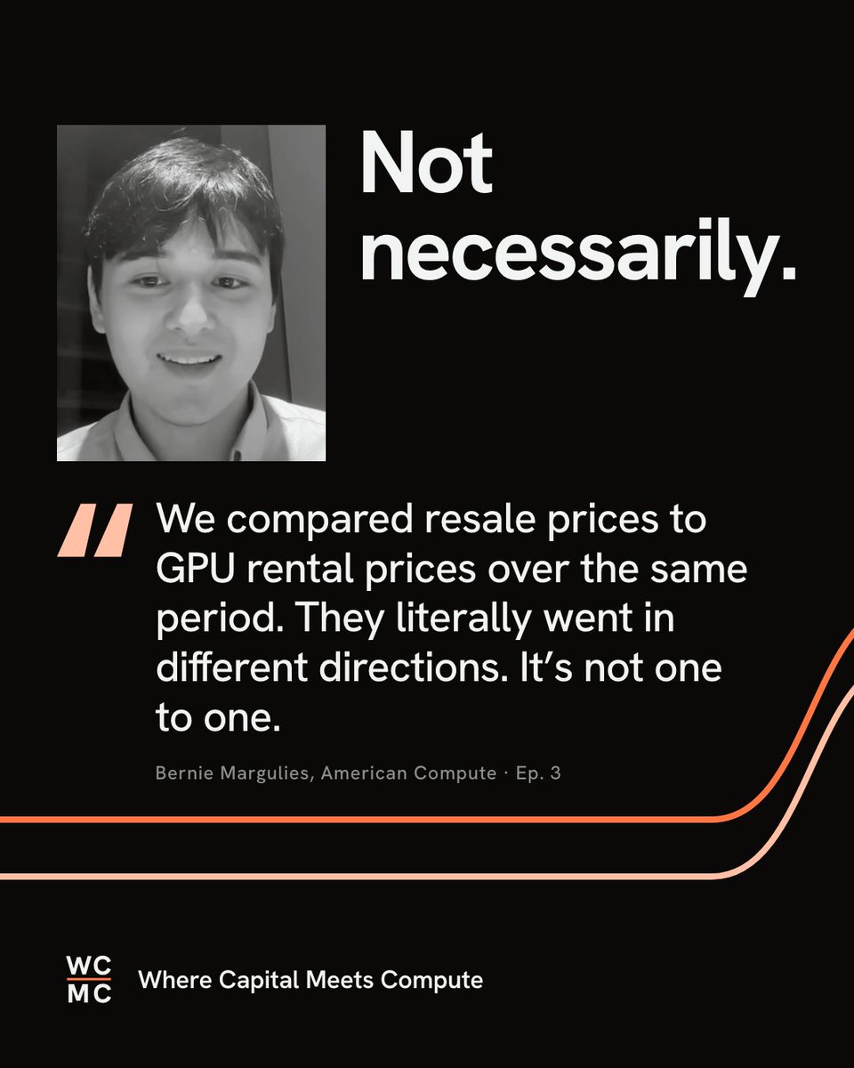 WCMC_Podcast's tweet photo. What's a GPU worth in year three? The collateral behind every GPU loan depends on that number, and our guests disagree on where to find it.

@carmenli (Silicon Data) argues residual value should be highly correlated to the rental rate, and that lenders can use the forward curve to see how their collateral is trending.

@berniebiased (American Compute) ran a correlation study comparing resale prices to rental prices over the same period. They moved in different directions, so his underwriting relies on real resale transactions.

@Ishanee (Architect) supplies a likely reason for the gap: roughly 85% of the non-hyperscaler market is locked into reserved contracts, while rental indexes like Carmen's track on-demand rates.
