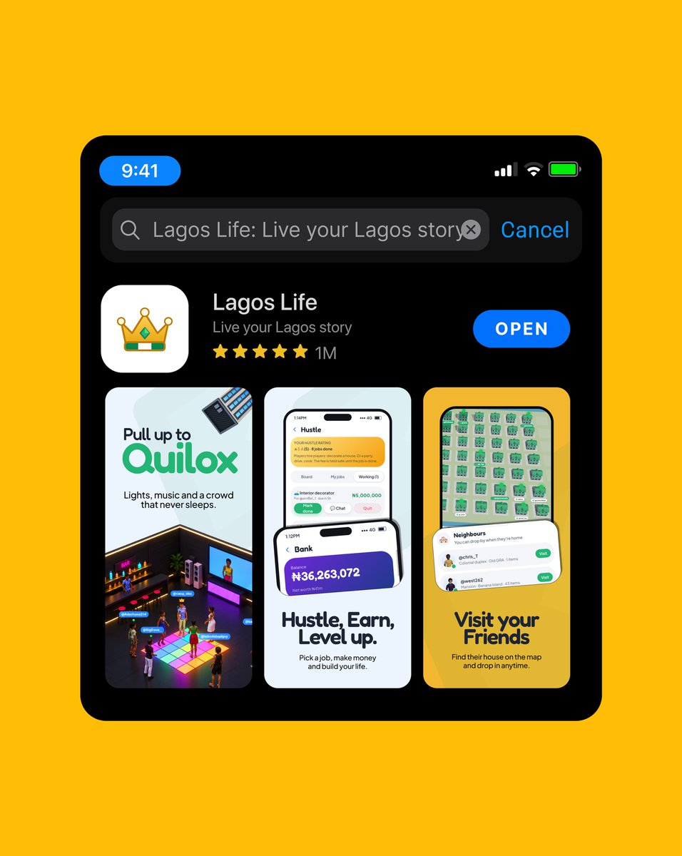 divinedidit's tweet photo. Seeing Lagos Life tweets everywhere made me sign up. 

After playing for a bit, I wondered...what if this web game was an App Store app?

Here’s a visual direction of how its app screenshots could look if it launched today. https://t.co/nfXgFJpCSM