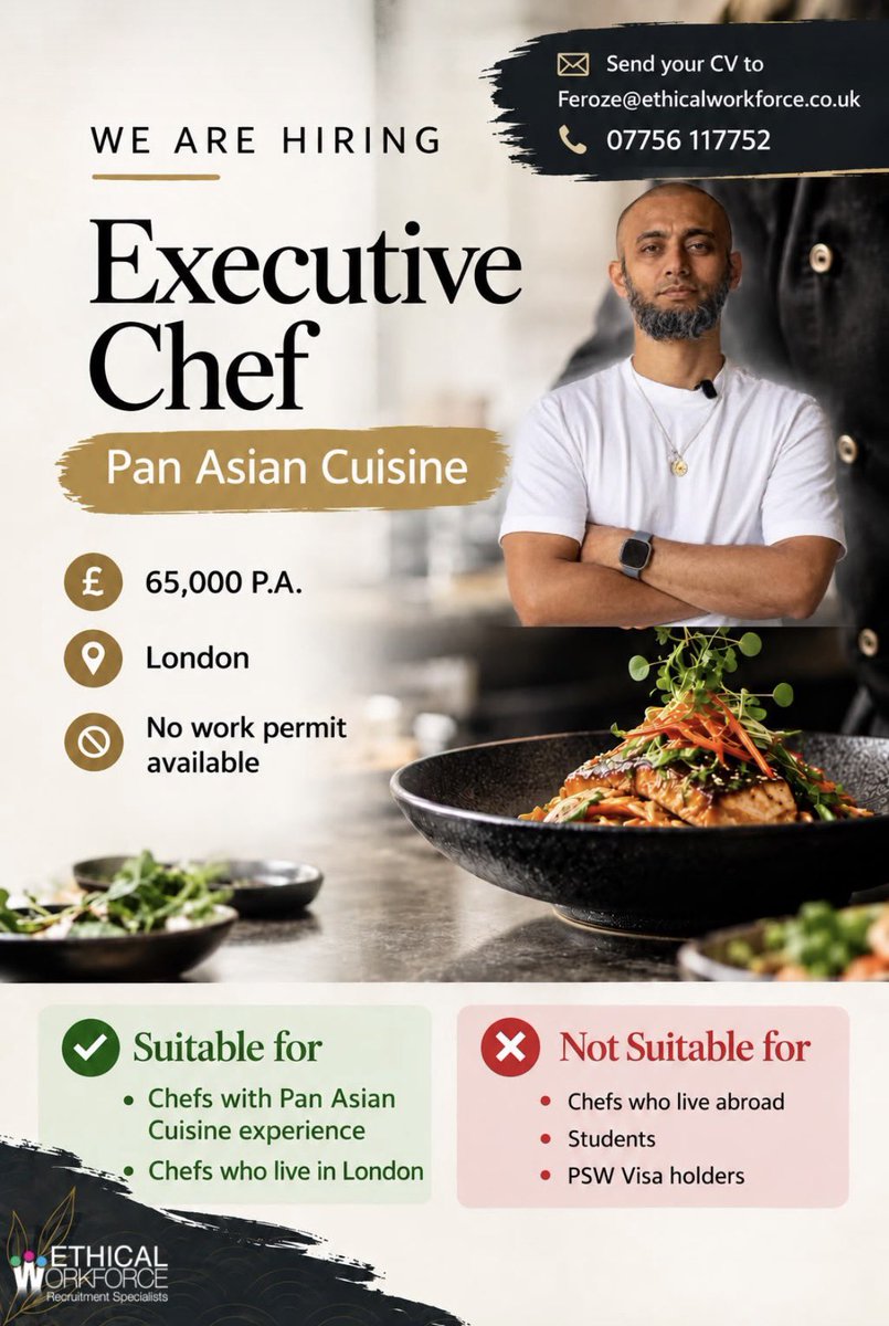EthicalWorkF's tweet photo. We’re hiring!
Executive Chef - Pan Asian Cuisine

Location: London

Salary: £65,000 Per Annum

No Work Permit available 

Send your CV to feroze@ethicalworkforce.co.uk

*Please check your eligibility before applying*

Good luck!

#chef #panasian #recruitment #hospitality #london https://t.co/eMYxu7aicK