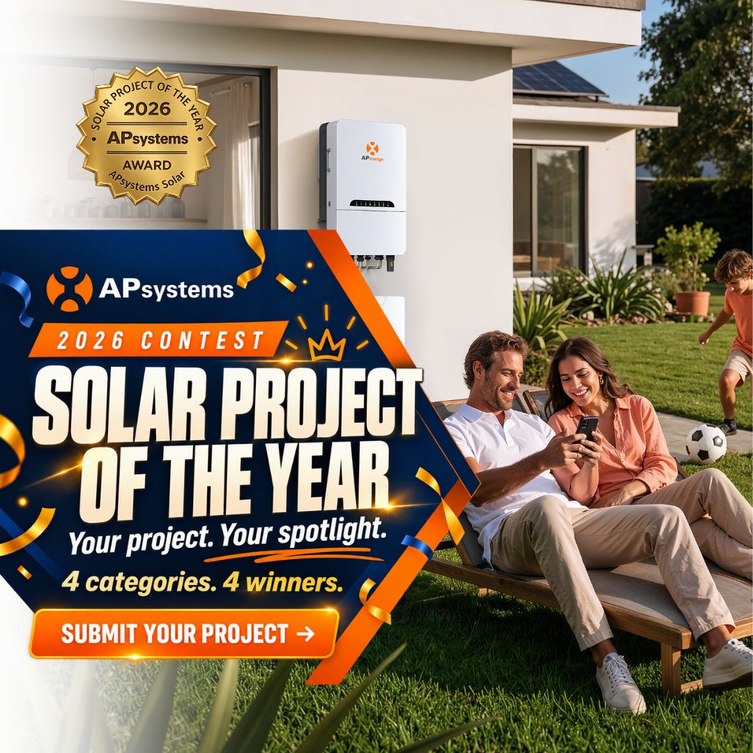 APsystemsSolar's tweet photo. Our 2026 USA Solar Project of the Year Contest is LIVE!
 
Your project. Your spotlight. Your chance to win $800 cash!

Since 2014, we’ve been celebrating the people putting APsystems technology to work. Now it’s time to show us what YOU built. 
 
https://t.co/JSLLG3baTC https://t.co/gszLUGiVqu