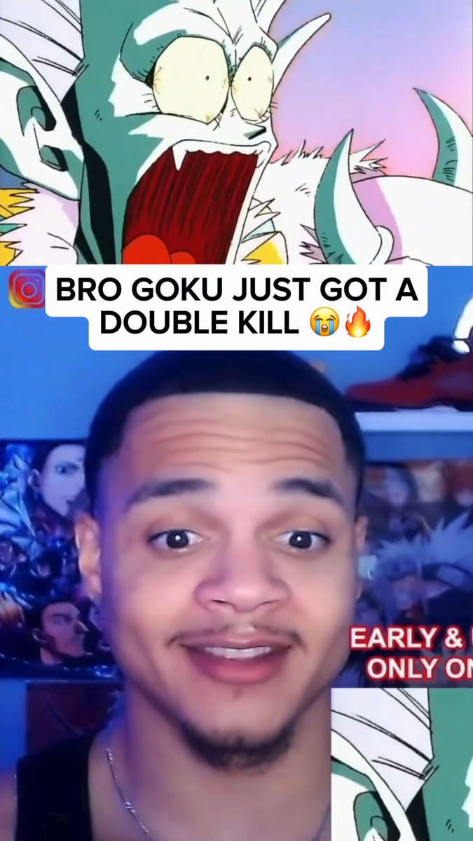 A screenshot from an Instagram story featuring a shocked anime character (Dragon Ball) at the top with a message reading 'BRO GOKU JUST GOT A DOUBLE KILL 😭🔥', above a video of a young man reacting with surprise.